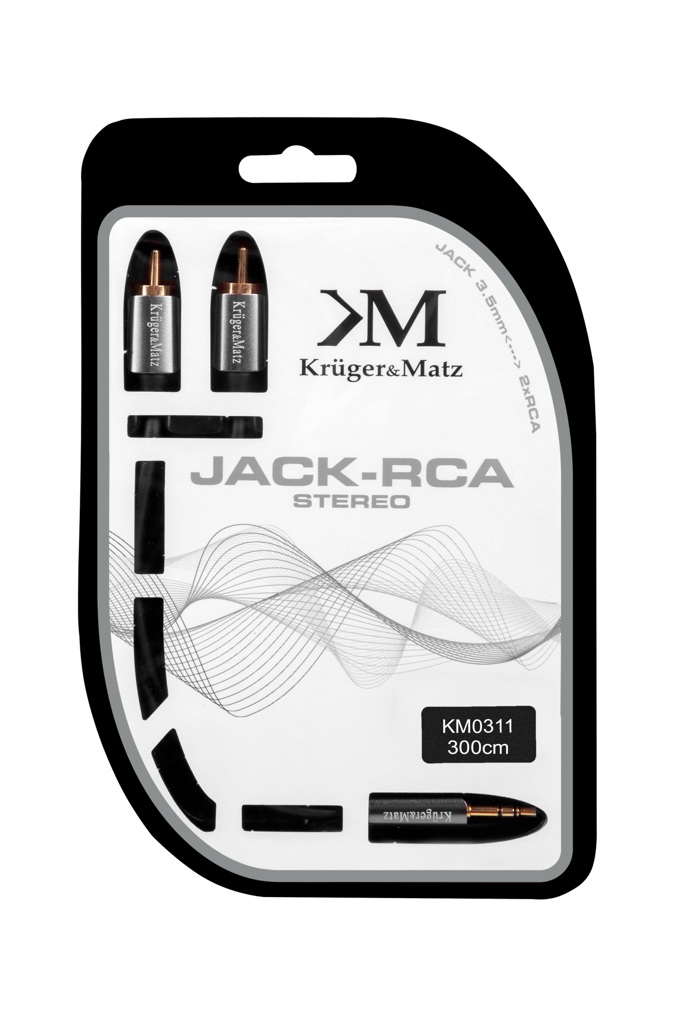Opakowanie kabla stereo Krüger&Matz Jack do 2xRCA z motywem fali i modelem KM0311.