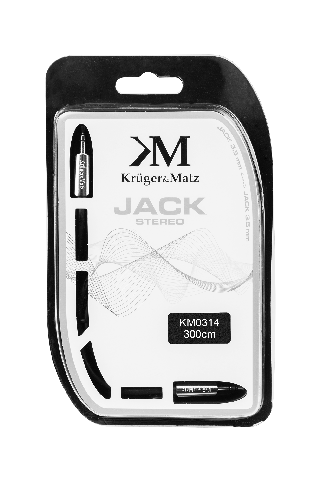 Pakowany kabel jack stereo Krüger&Matz na czarnym tle.