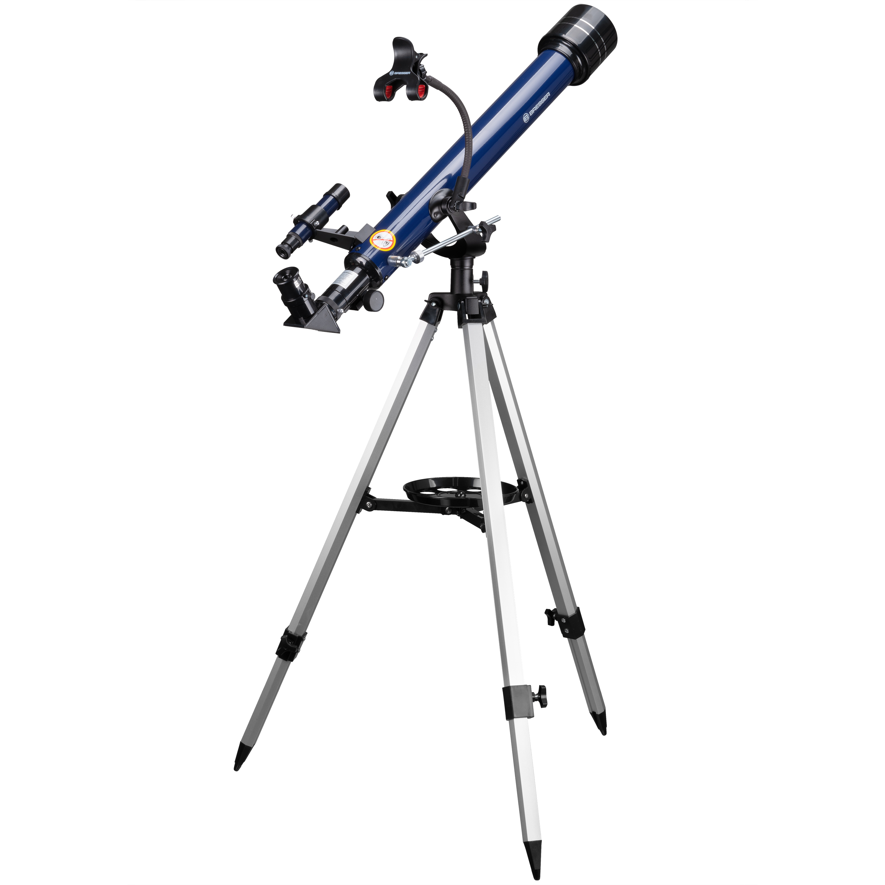 Un telescopio Bresser azul sobre un trípode plateado sobre fondo blanco.