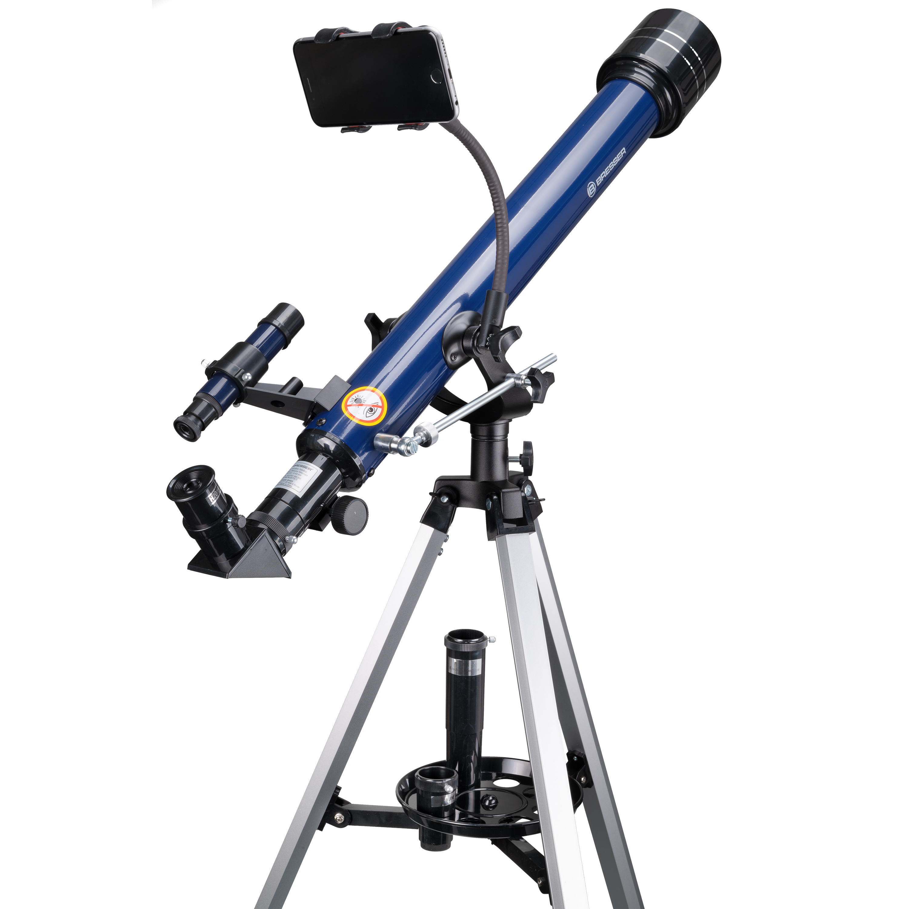 Un telescopio azul sobre un trípode con un soporte para teléfono.