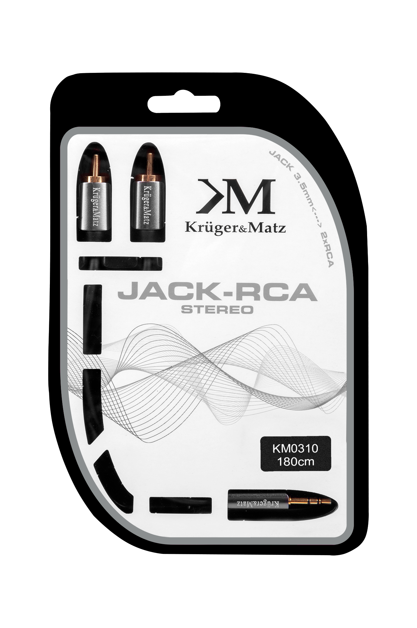 Zapakowany kabel stereo jack-RCA marki Krüger&Matz w białym blistrze.
