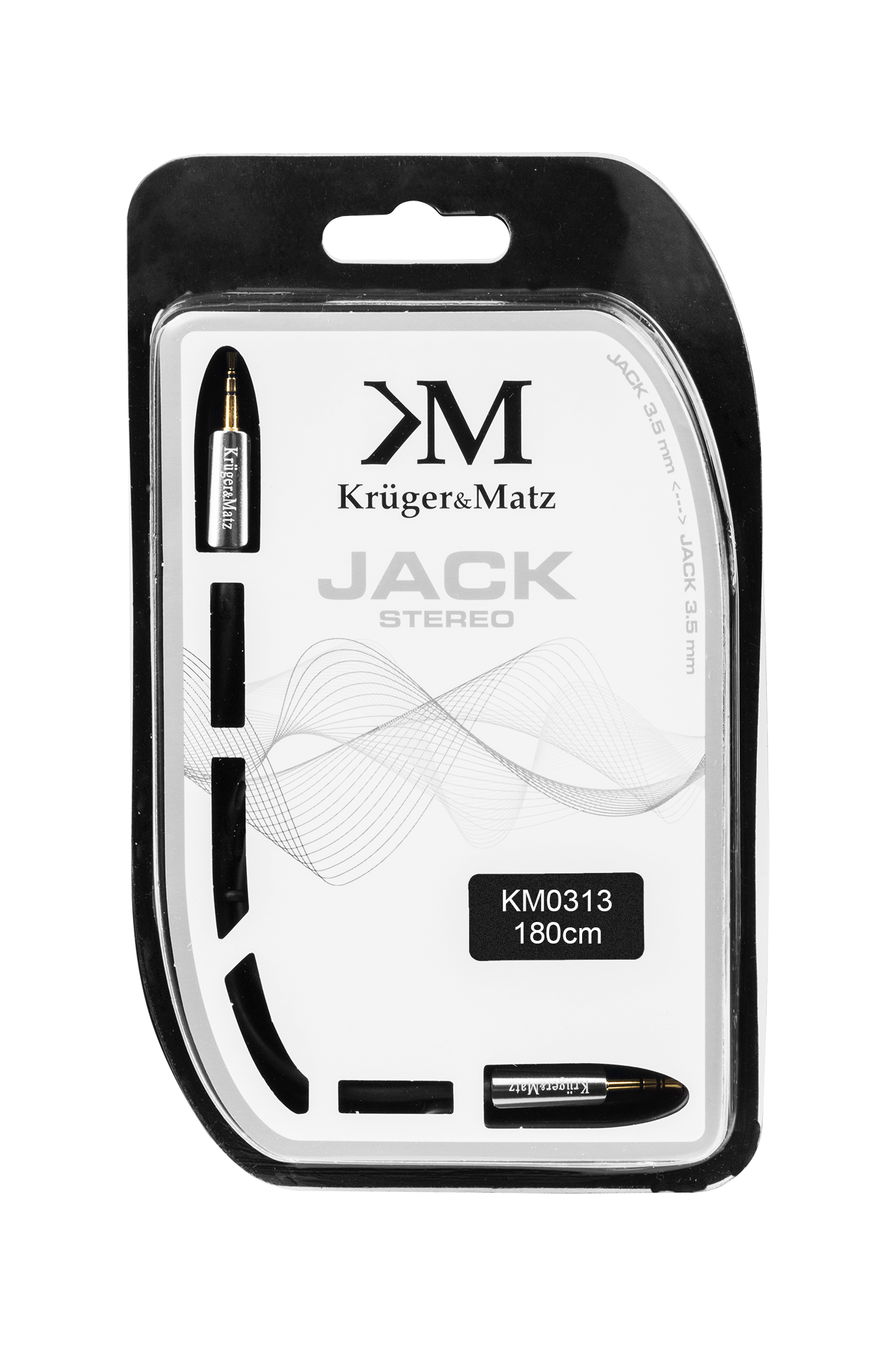 Zapakowany kabel audio stereo jack 3,5 mm Kruger & Matz, długość 180cm.