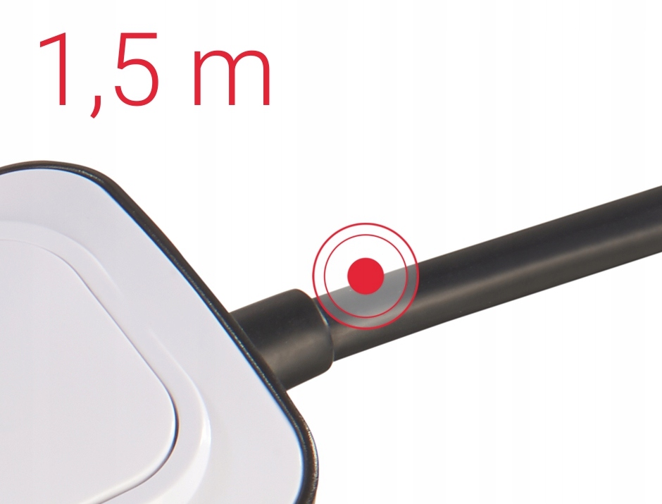 Ein weißes Gerät mit einem schwarzen Kabel und der roten Aufschrift 1,5 m darüber.