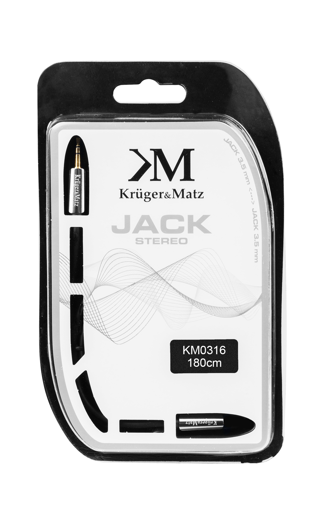Kabel jack stereo Krüger & Matz w zalezczonym plastikowym opakowaniu.