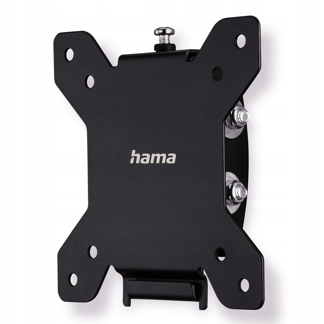 Soporte de pared Hama negro con tornillos sobre fondo blanco.