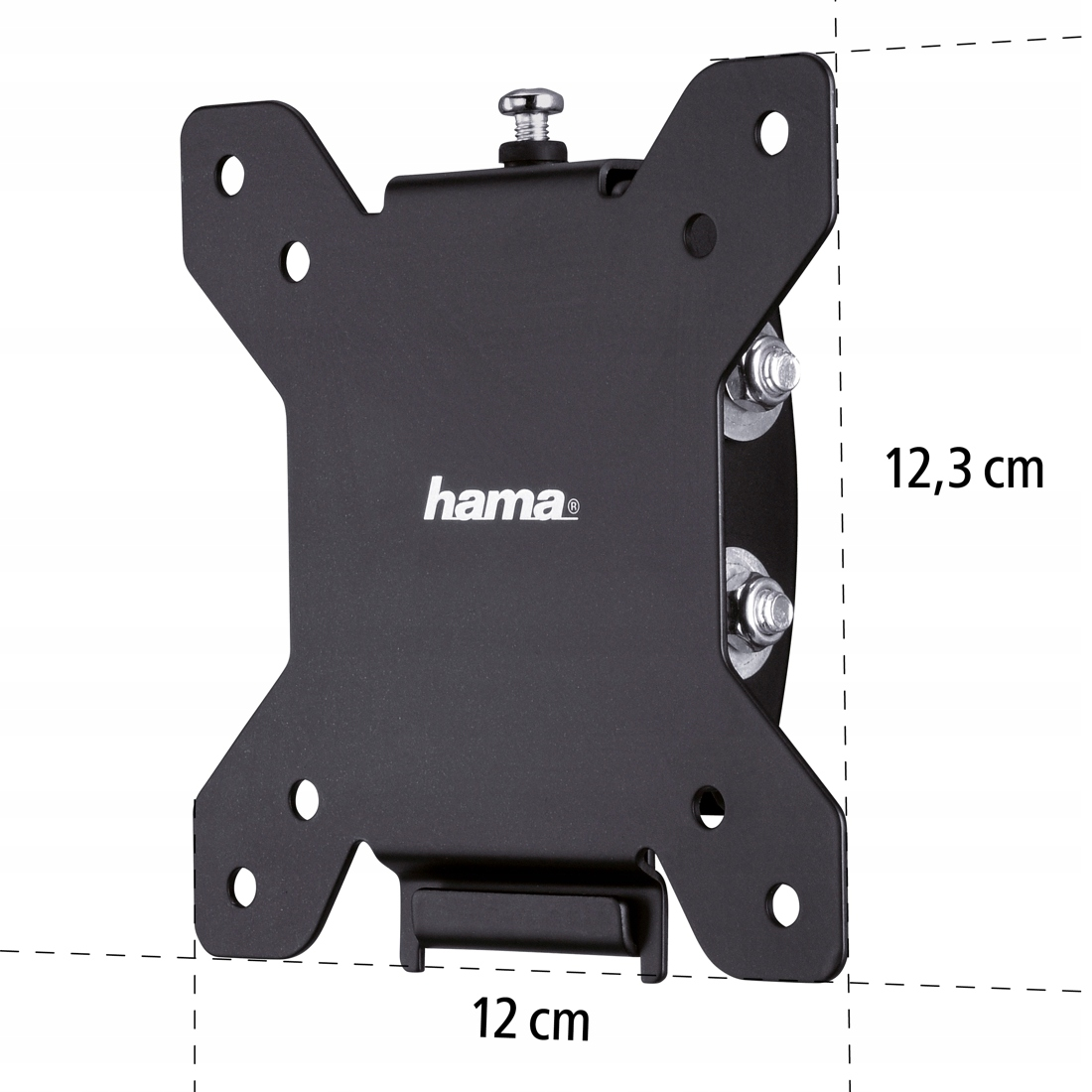 Soporte de pared Hama negro de 12 cm por 12,3 cm sobre fondo blanco.