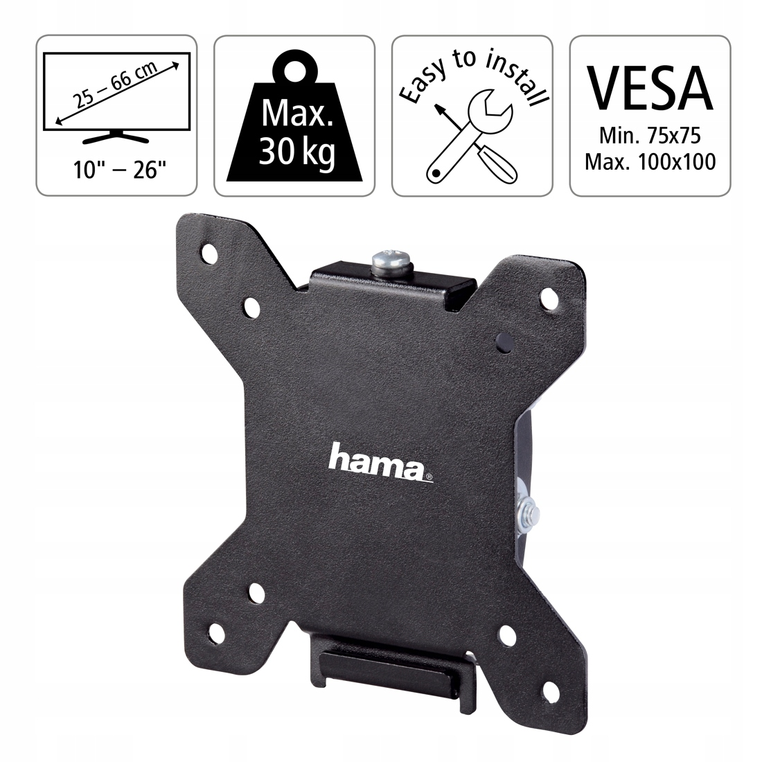 Soporte de pared negro Hama con iconos para 10-26 pulgadas, máx. 30 kg, fácil instalación y VESA.