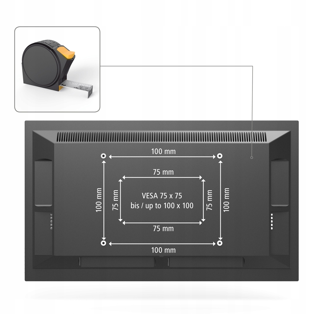Parte trasera de un monitor con dimensiones de orificios VESA en mm.