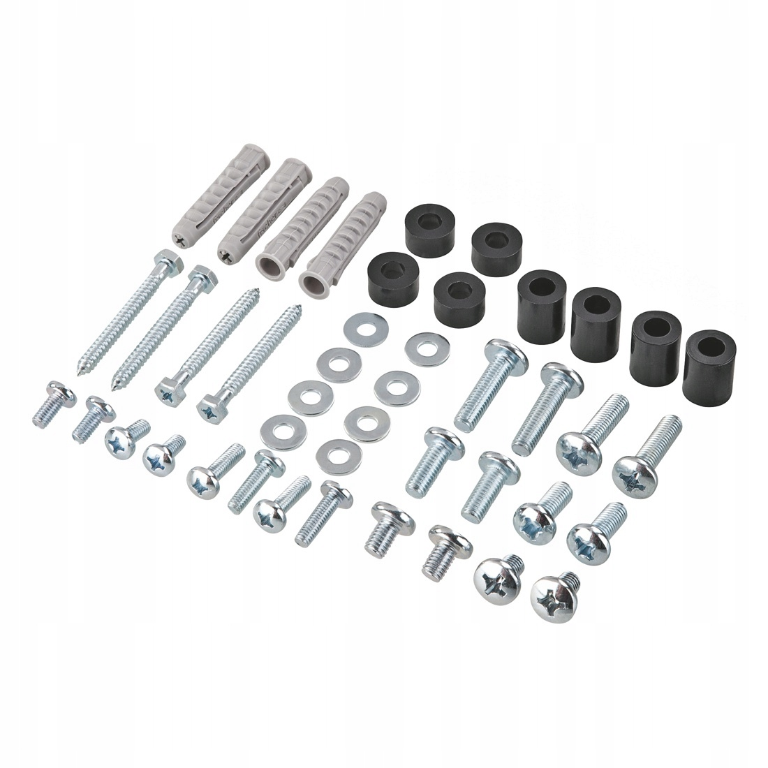 Varios tornillos de metal, arandelas, separadores negros y tacos grises dispuestos sobre fondo blanco.