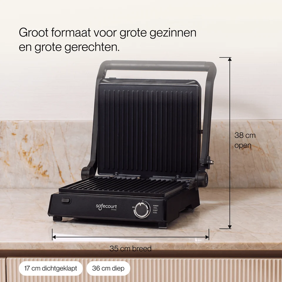 Un gril de contact Safecourt noir avec des dimensions se trouve sur un comptoir.