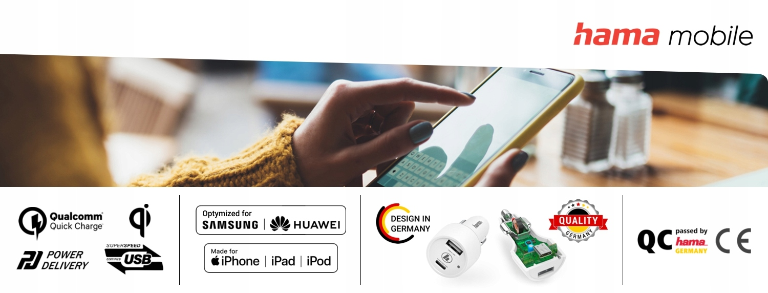 Baner Hama mobile z użyciem telefonu w kawiarni i ikonami ładowarki.