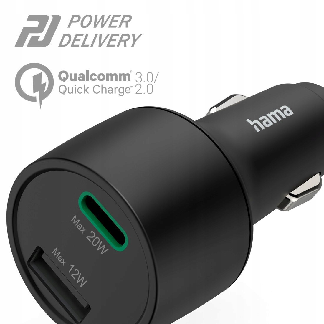 Ein schwarzes Hama Autoladegerät mit einem USB-C- und einem USB-Anschluss.