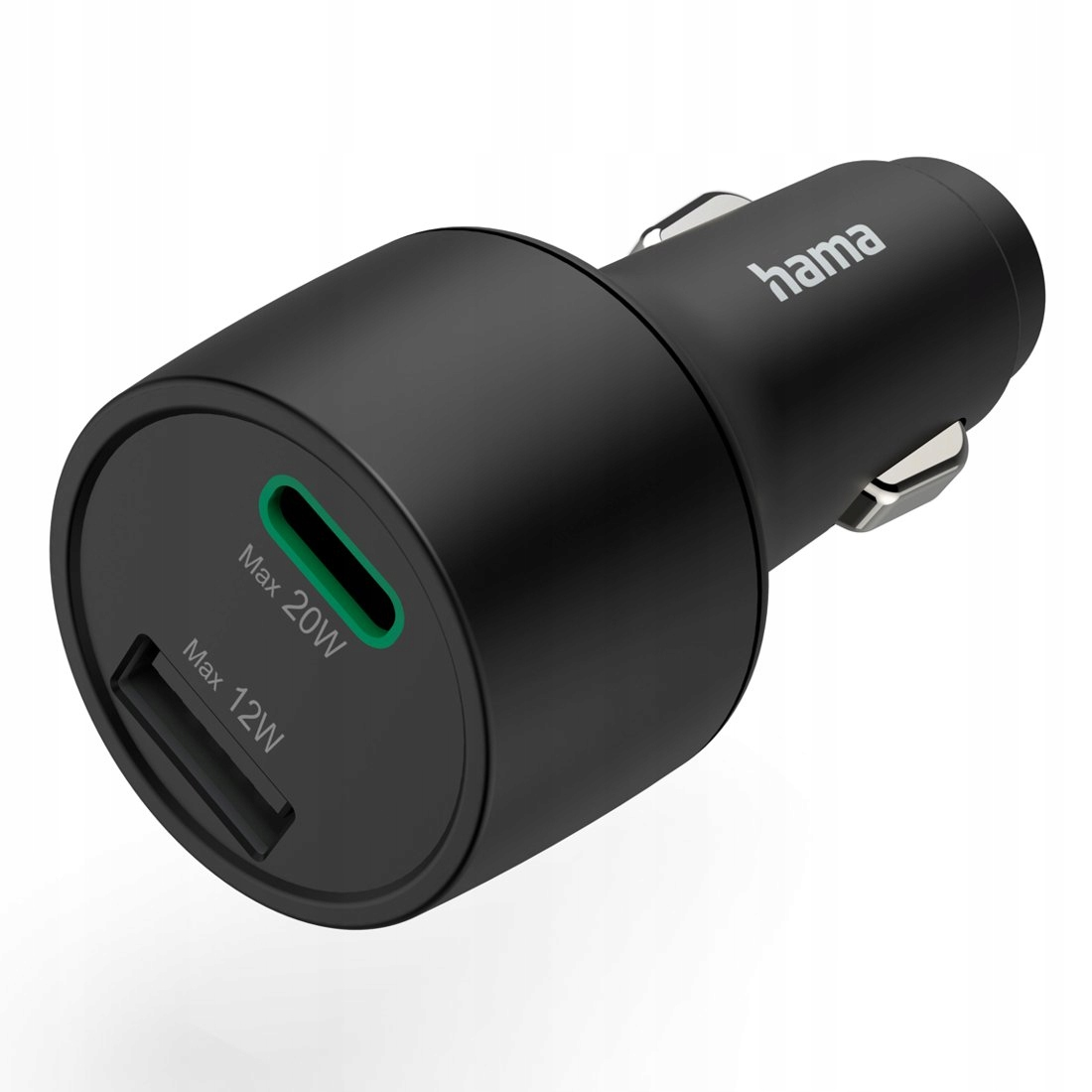 Ein schwarzes Hama Autoladegerät mit einem USB-C- und einem USB-A-Anschluss auf weißem Hintergrund.