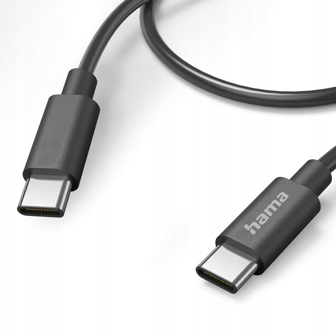 Czarny kabel USB-C marki Hama z metalowymi złączami na białym tle.
