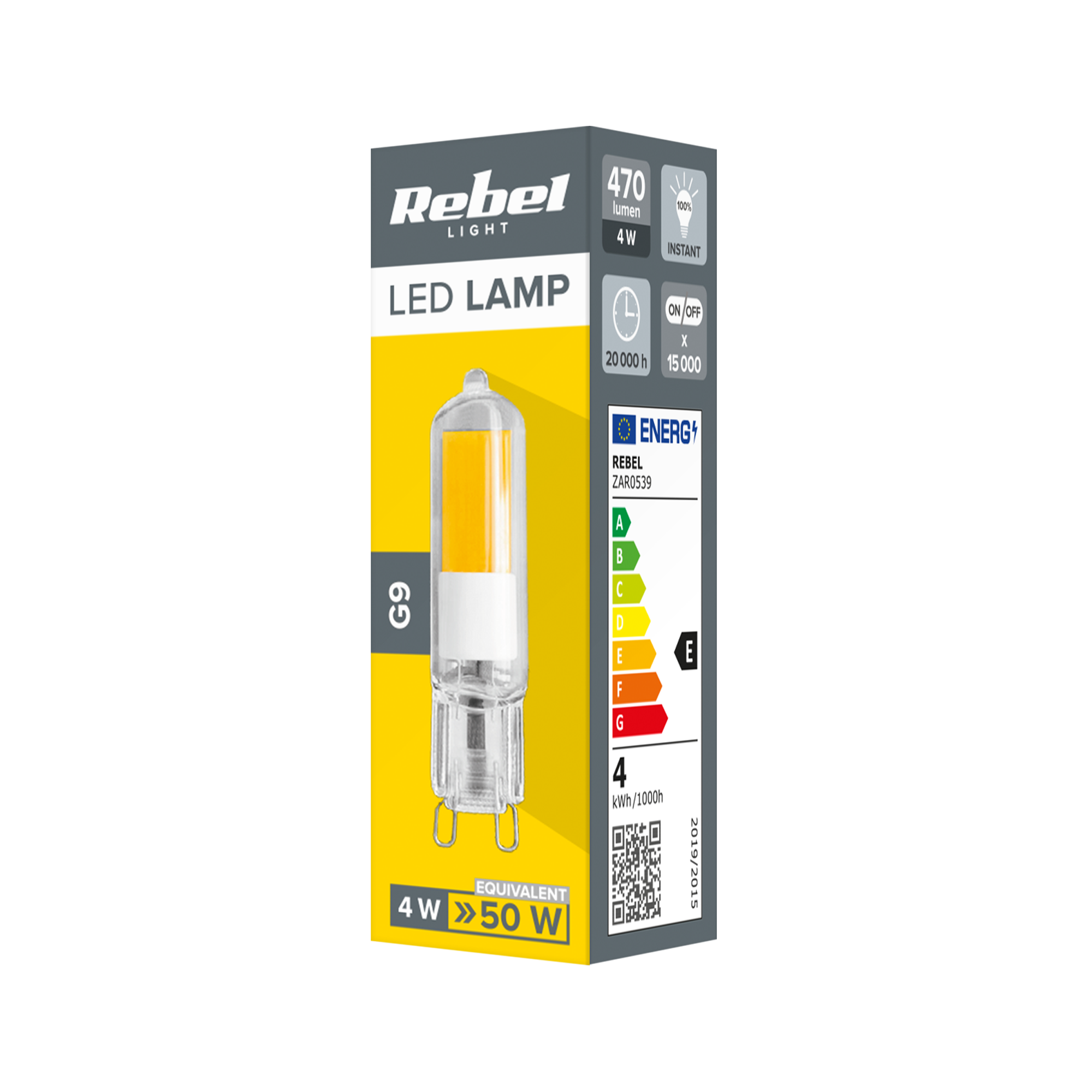 Opakowanie żarówki LED Rebel Light G9, żółto-szare, ze specyfikacją i etykietą energetyczną E.