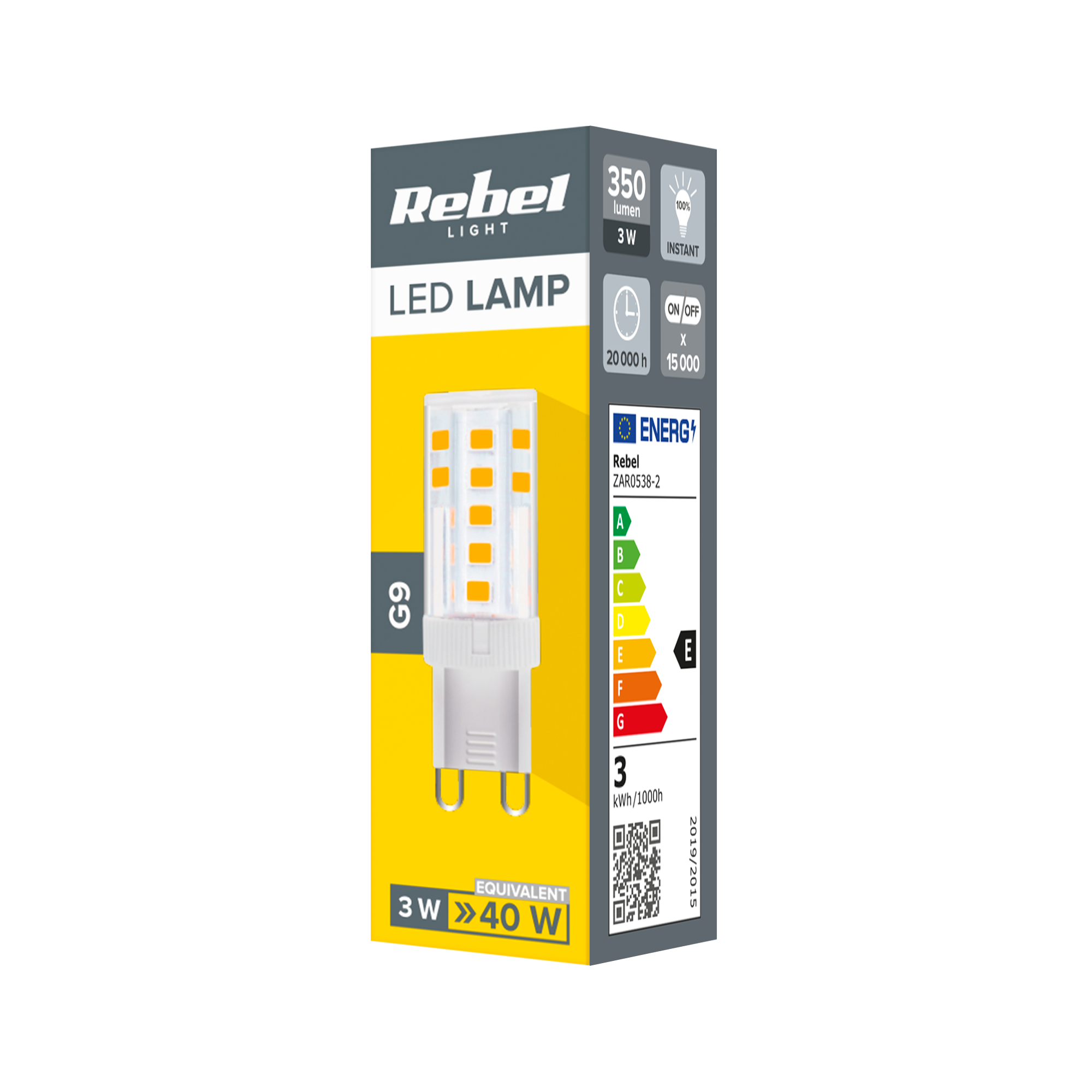 Opakowanie żarówki LED Rebel Light G9 z wizerunkiem produktu, klasą energetyczną E i specyfikacją.