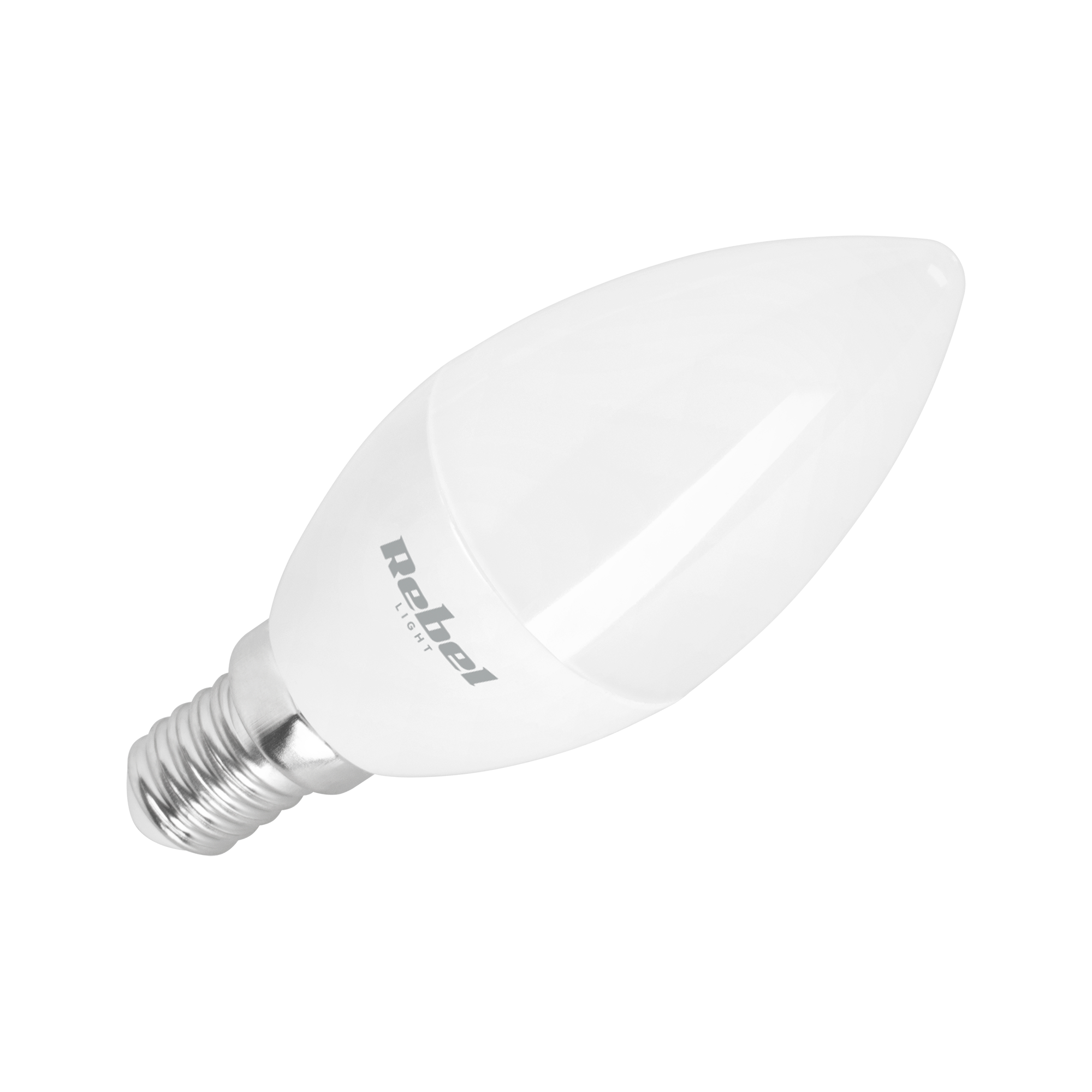 Biała żarówka LED w kształcie świecy ze srebrnym gwintem i logo marki Rebel Light na czarnym tle.