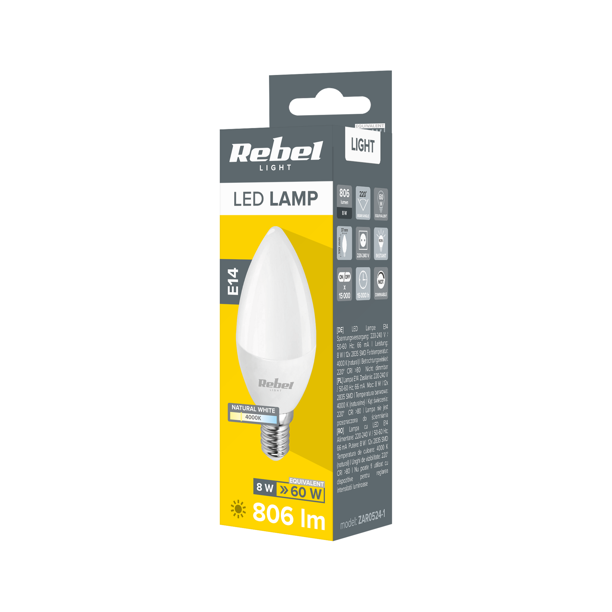 Opakowanie produktu białej żarówki LED świecowej Rebel E14 z żółtymi akcentami i danymi technicznymi.