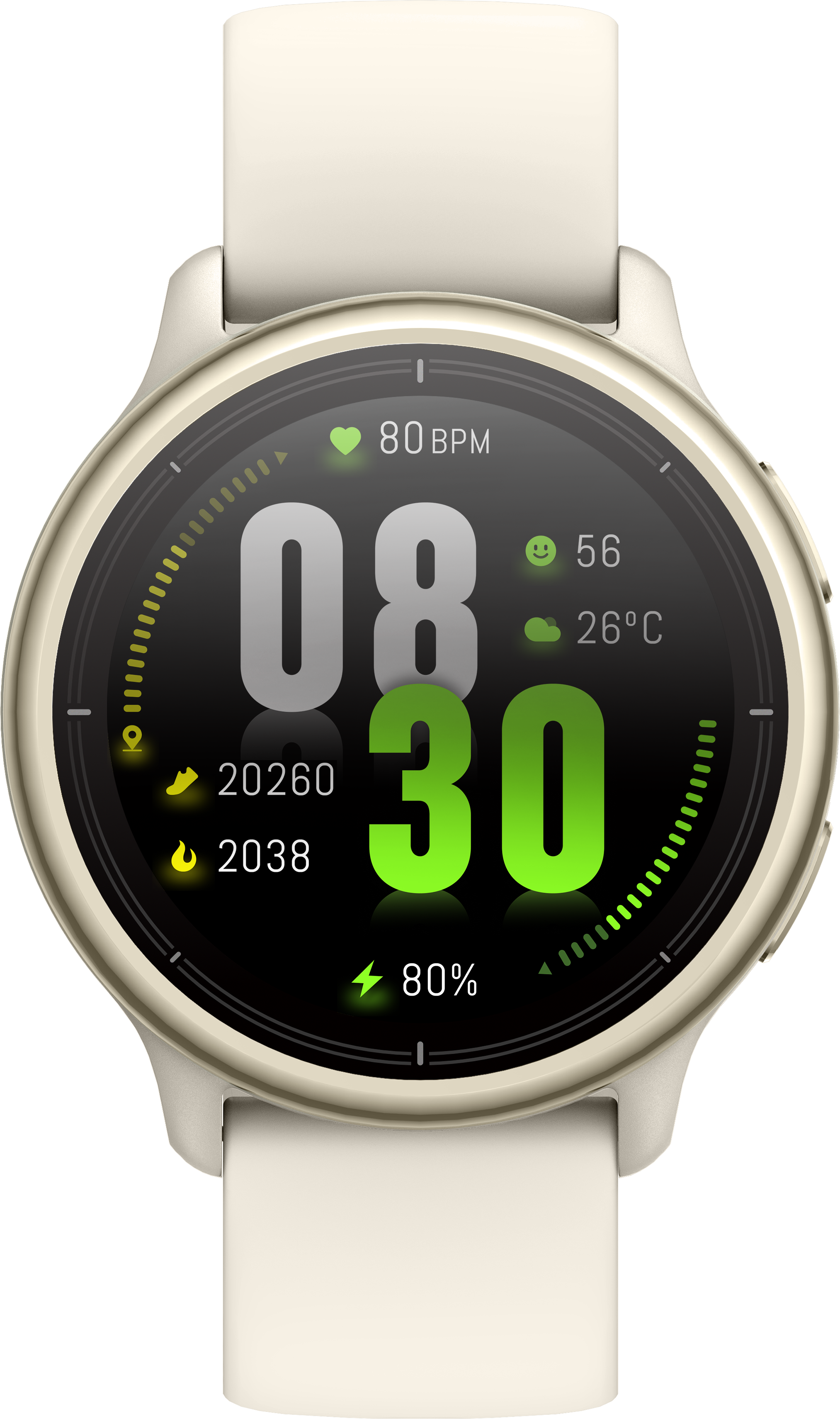 Un reloj inteligente color crema muestra la hora 08:30, frecuencia cardíaca, pasos, calorías y batería.