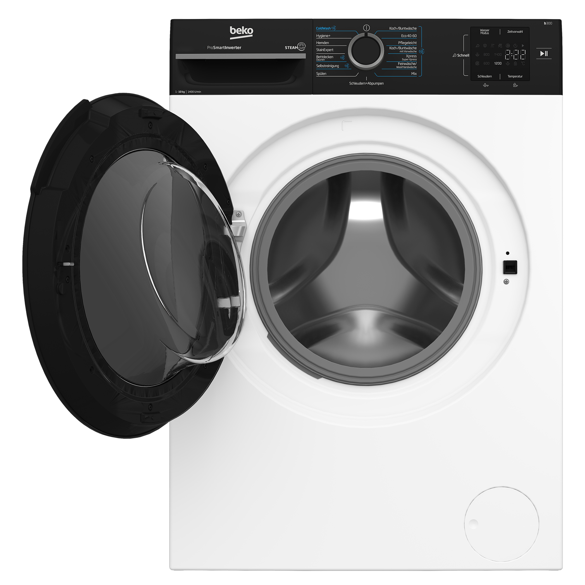 Eine weiße Beko Waschmaschine mit offenem Bullauge und schwarzem Bedienfeld.
