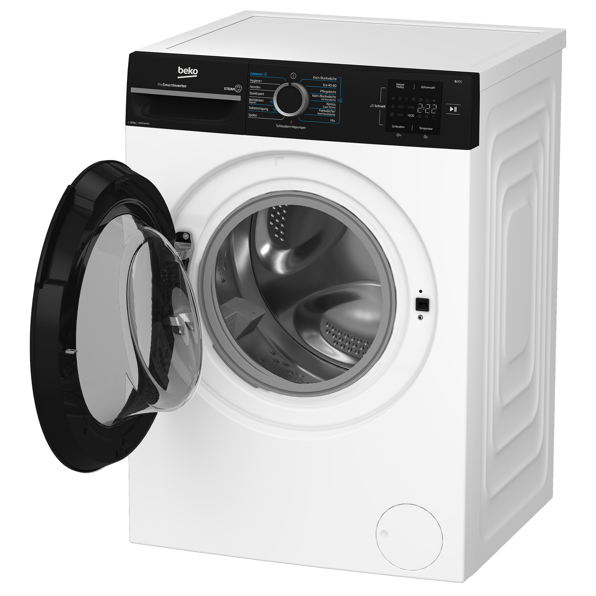 Eine weiße Beko Waschmaschine mit schwarzem Bedienfeld und geöffneter Glastür zeigt die Edelstahl-Trommel.