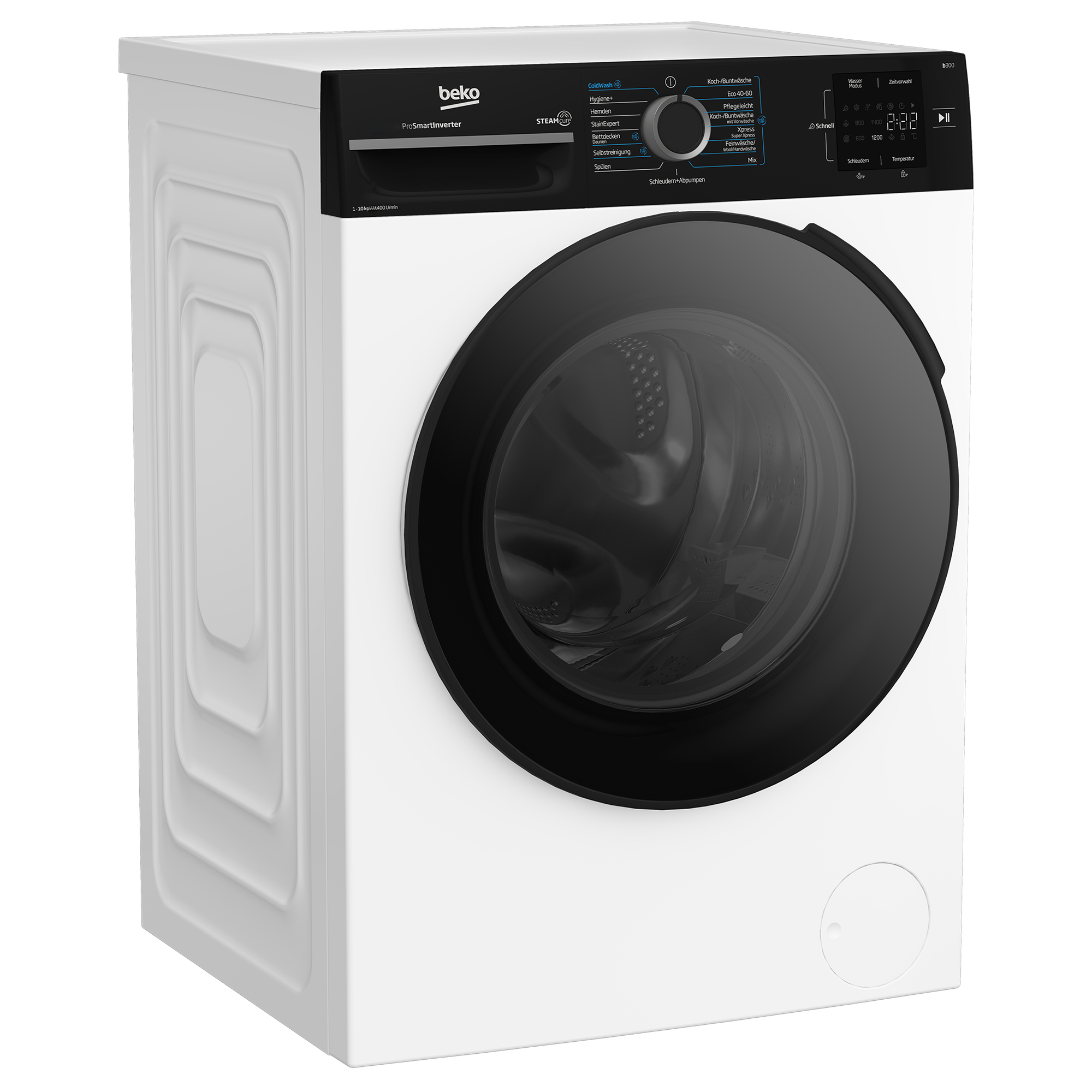 Eine weiße Beko Waschmaschine mit schwarzer Bedienblende und großem Bullauge steht auf weißem Grund.