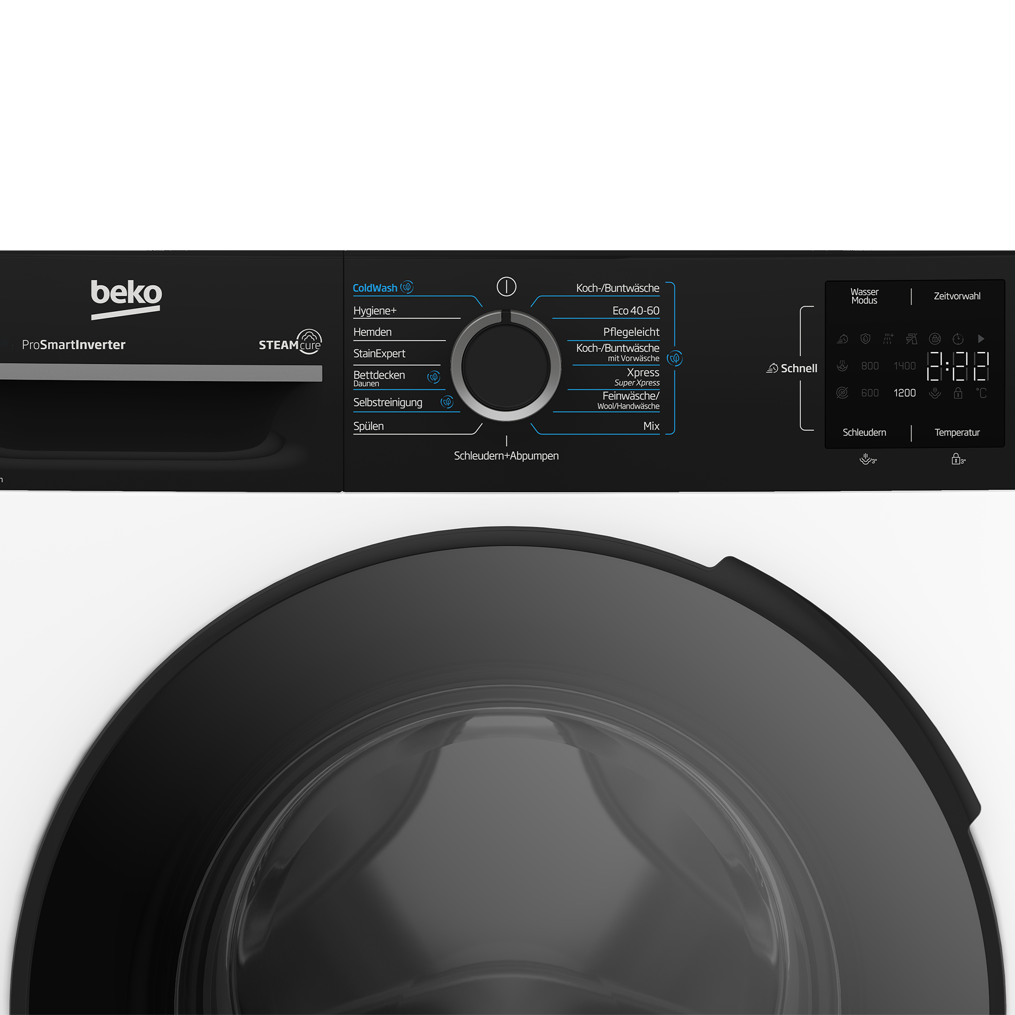 Nahaufnahme der Bedienblende einer weißen Beko Waschmaschine mit Drehregler und Digitaldisplay.