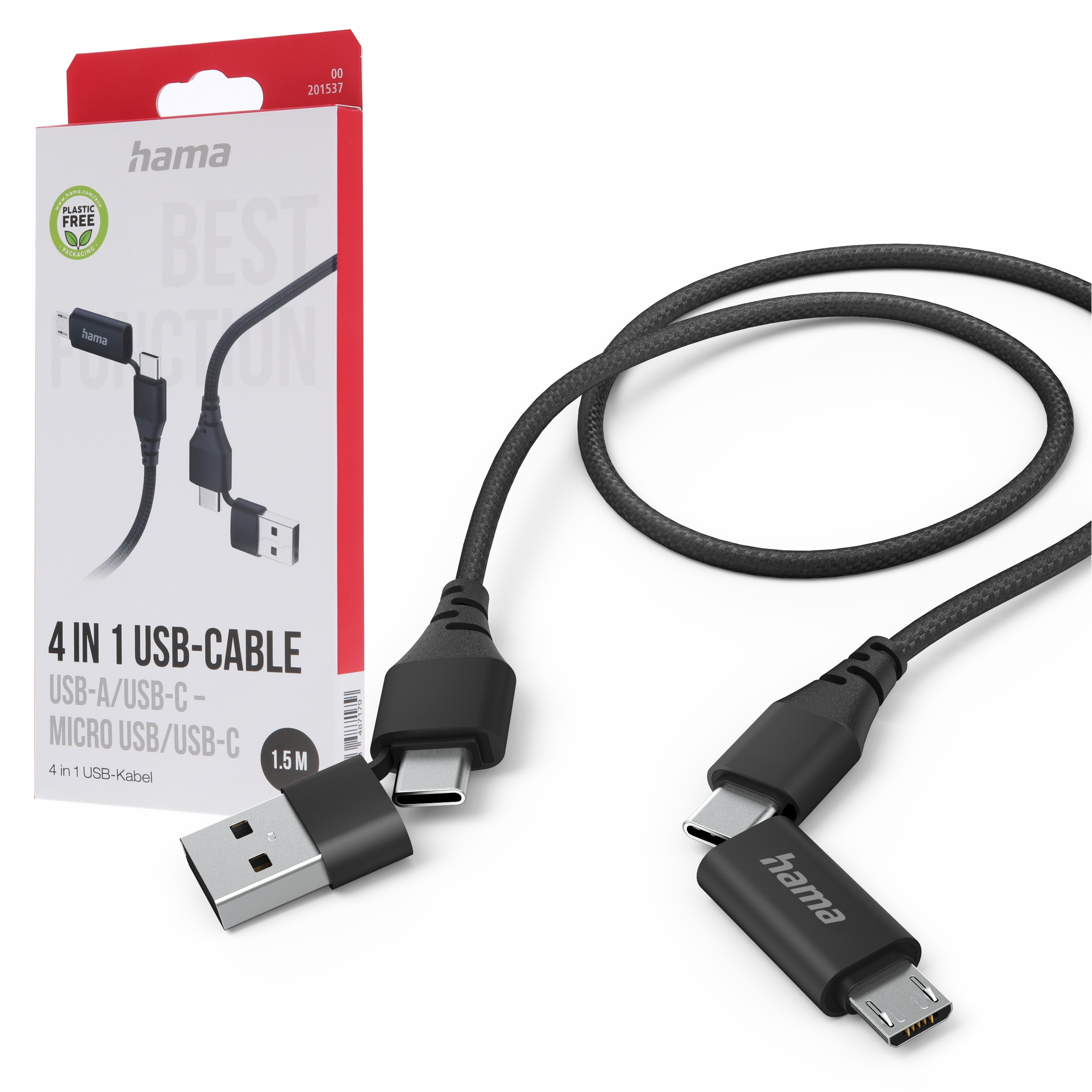Ein schwarzes Hama 4-in-1-USB-Kabel neben seiner rot-weißen Verpackung.