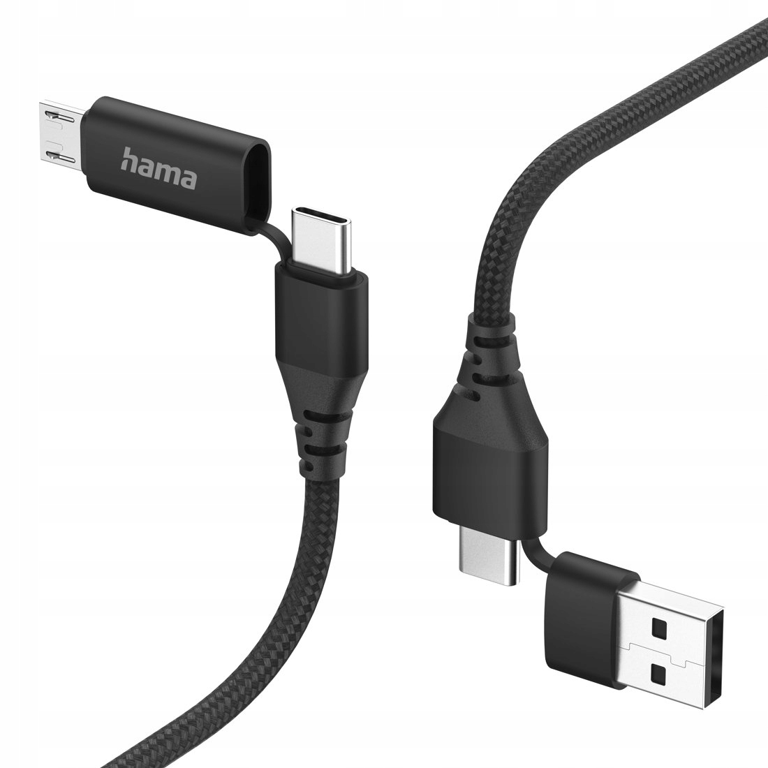 Ein schwarzes geflochtenes Hama USB-Kabel mit Steckern für USB-C, Micro-USB und Standard-USB.
