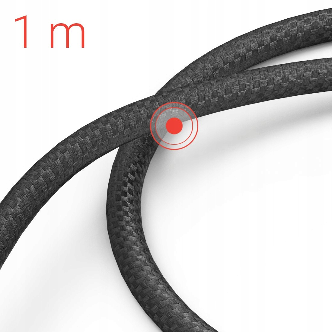 Ein schwarzes geflochtenes Kabel auf weißem Hintergrund mit der roten Aufschrift 1 m.