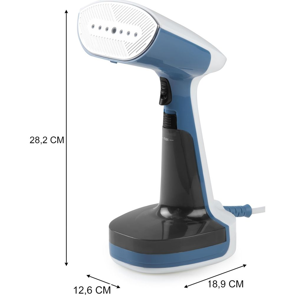 Un défroisseur vapeur à main bleu et blanc avec des dimensions de 28,2 cm de hauteur, 12,6 cm de profondeur et 18,9 cm de largeur.