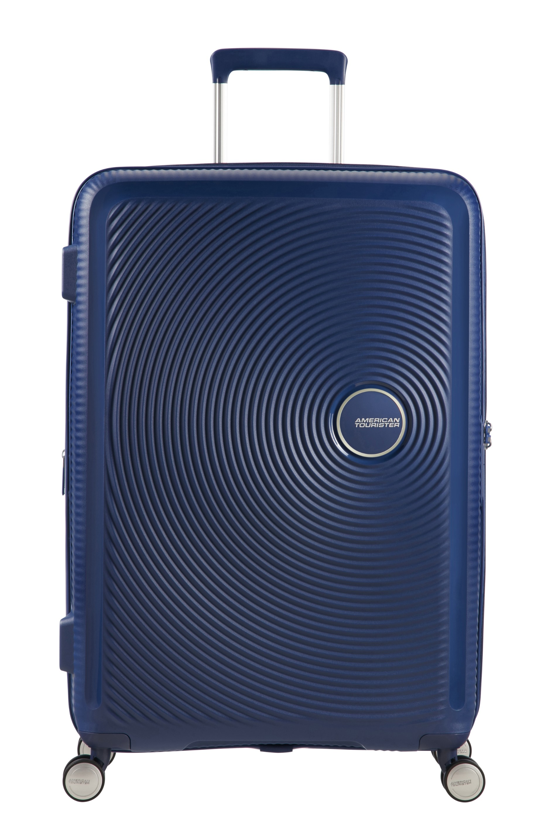 Niebieska twarda walizka American Tourister ze spiralnym wzorem, wysuwaną rączką teleskopową i czterema kołami.