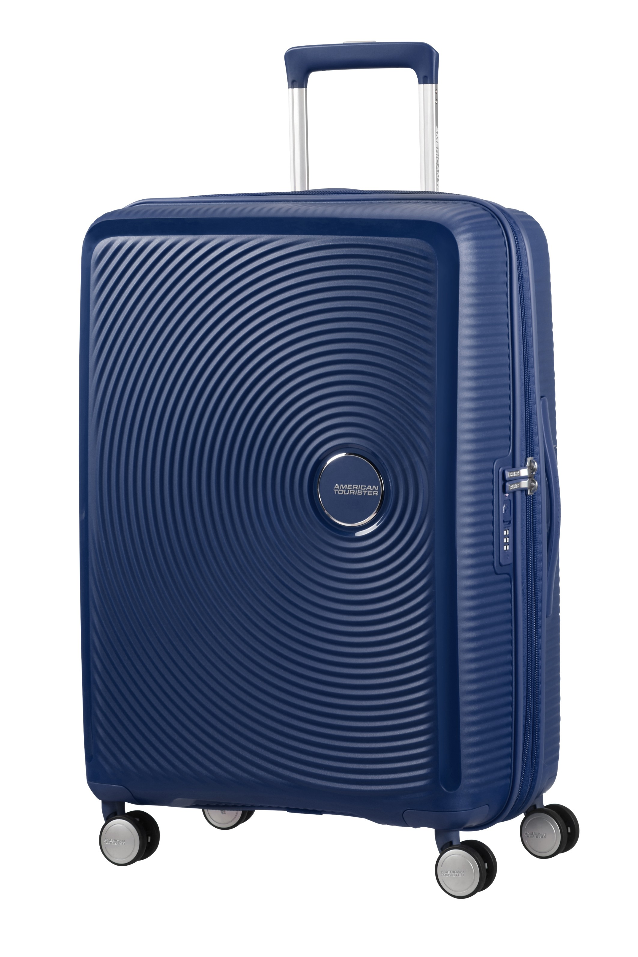 Niebieska walizka twarda American Tourister z kółkami i wysuwaną rączką na białym tle.
