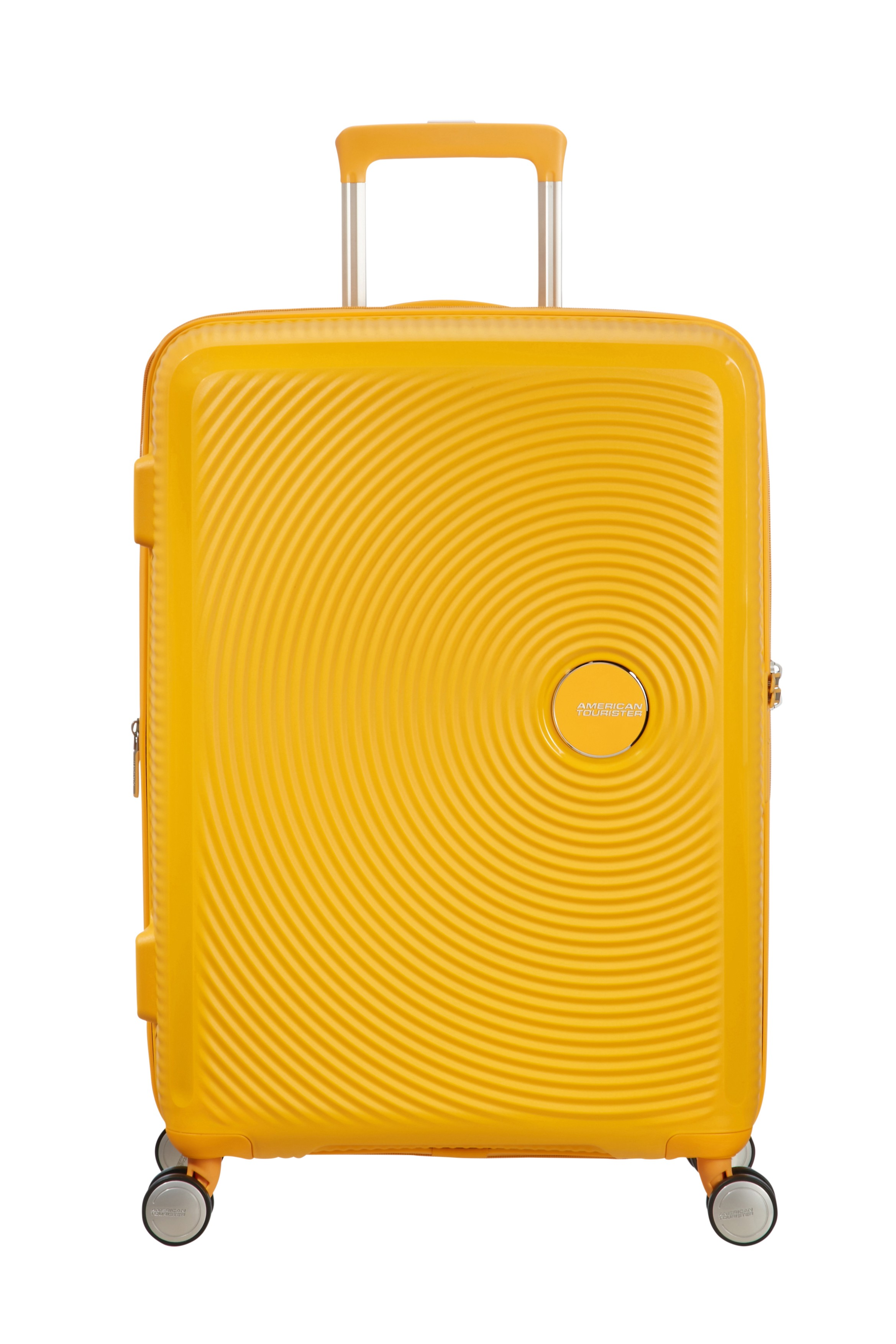 Żółta twarda walizka American Tourister z kółkami i wysuwaną rączką na białym tle.