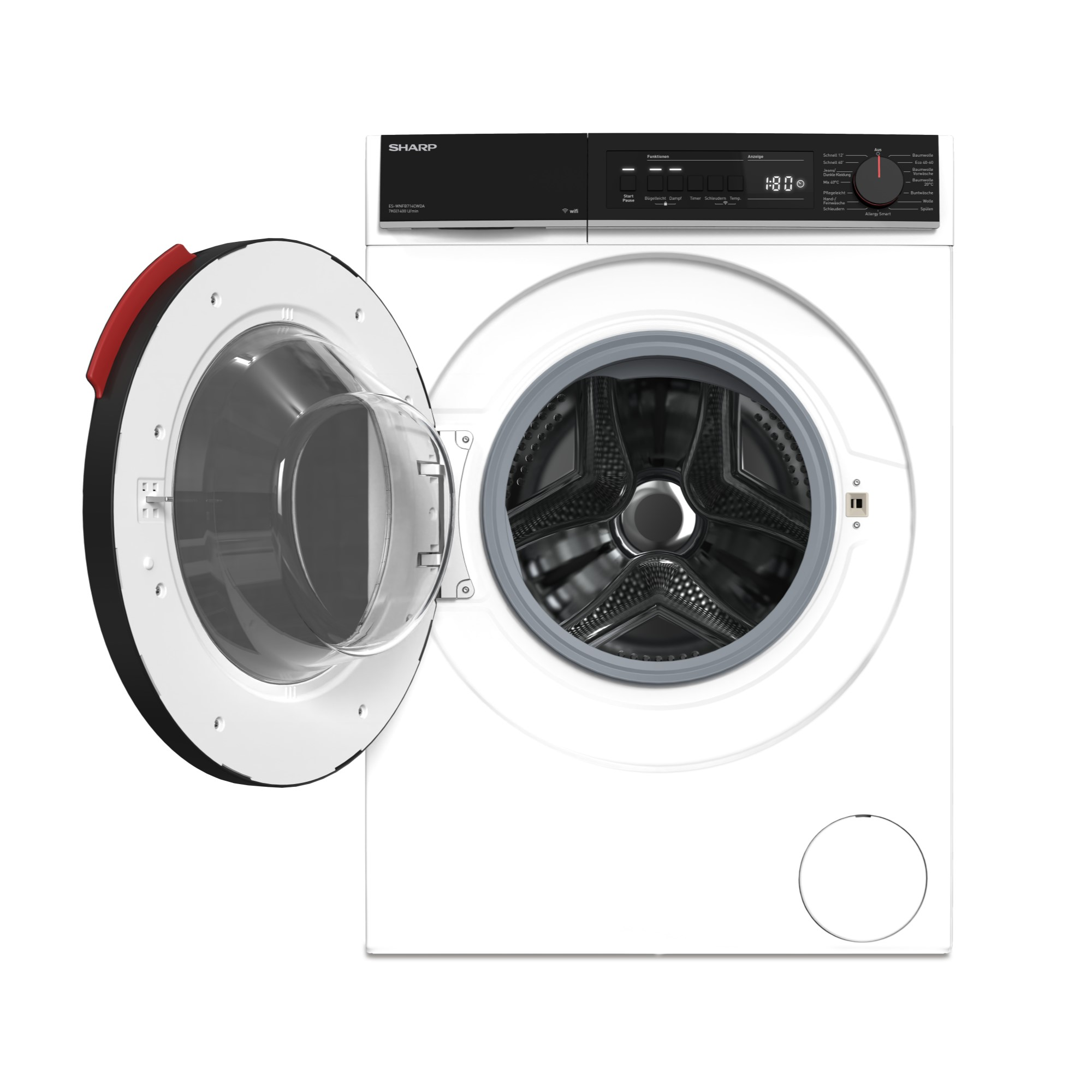 Lave-linge hublot blanc avec porte ouverte, panneau de commande noir et écran numérique.