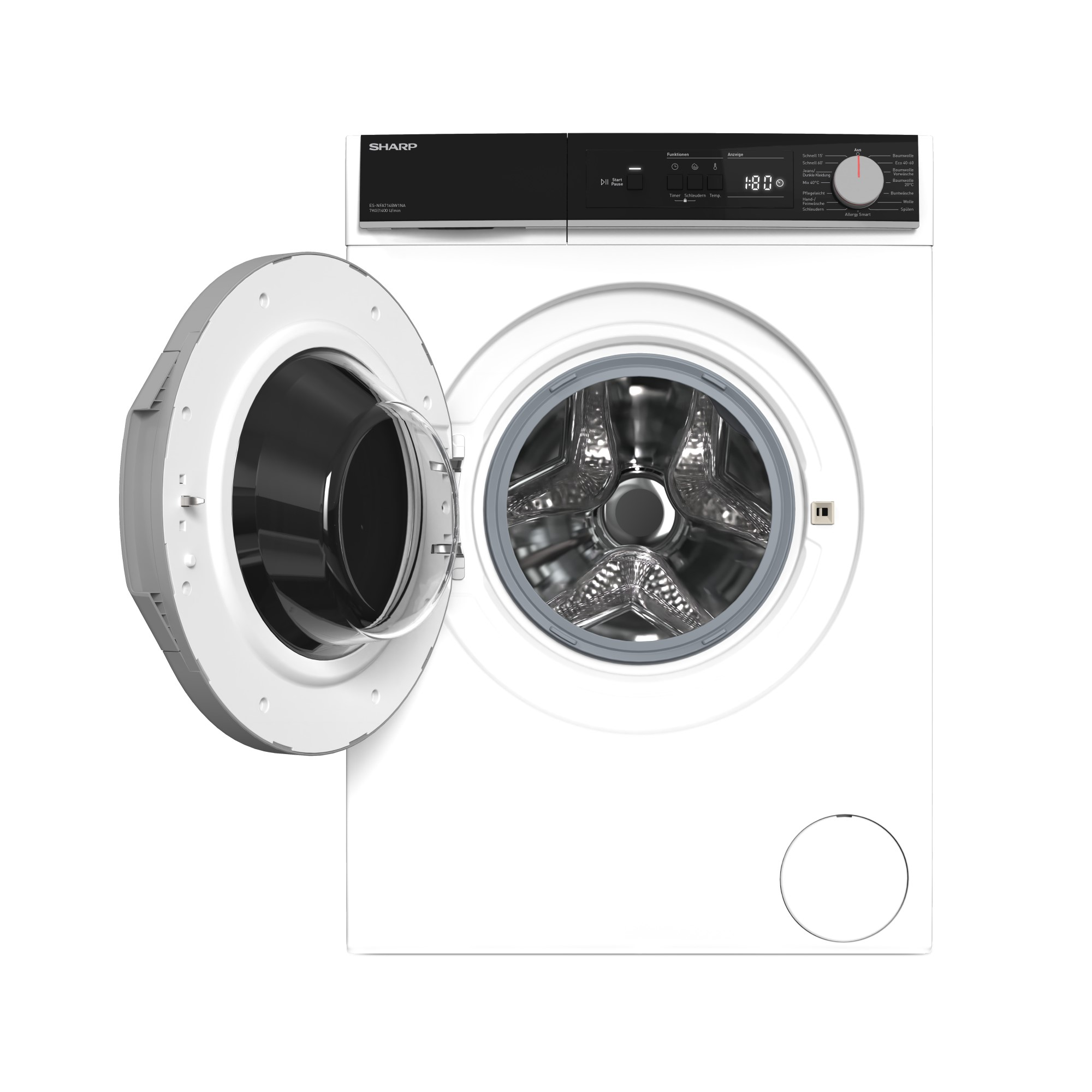Un lave-linge Sharp blanc avec la porte du tambour ouverte et un panneau de commande numérique.