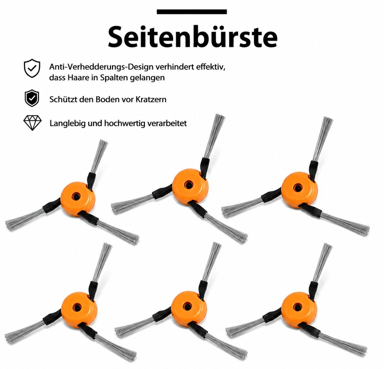Sei spazzole laterali robotiche arancioni con setole grigie su sfondo bianco con testo in tedesco.