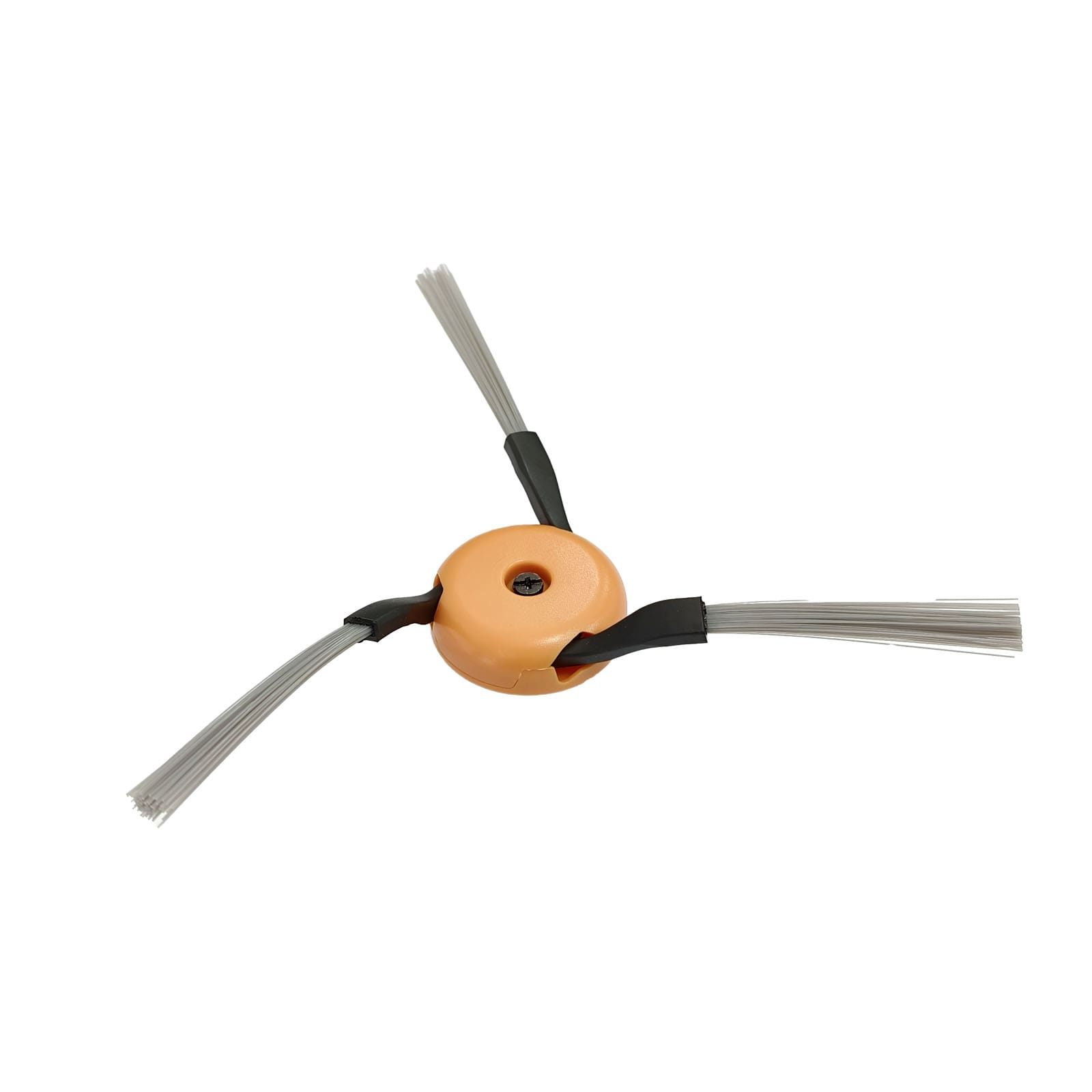Una spazzola laterale per robot aspirapolvere arancione con tre bracci di setole grigie e una vite centrale nera.