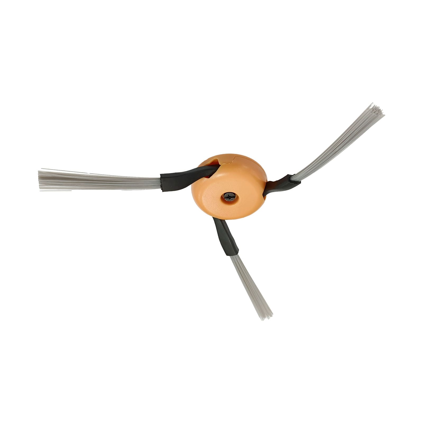 Una spazzola laterale per robot aspirapolvere arancione con tre bracci di setole grigie e una testa di vite nera centrale.