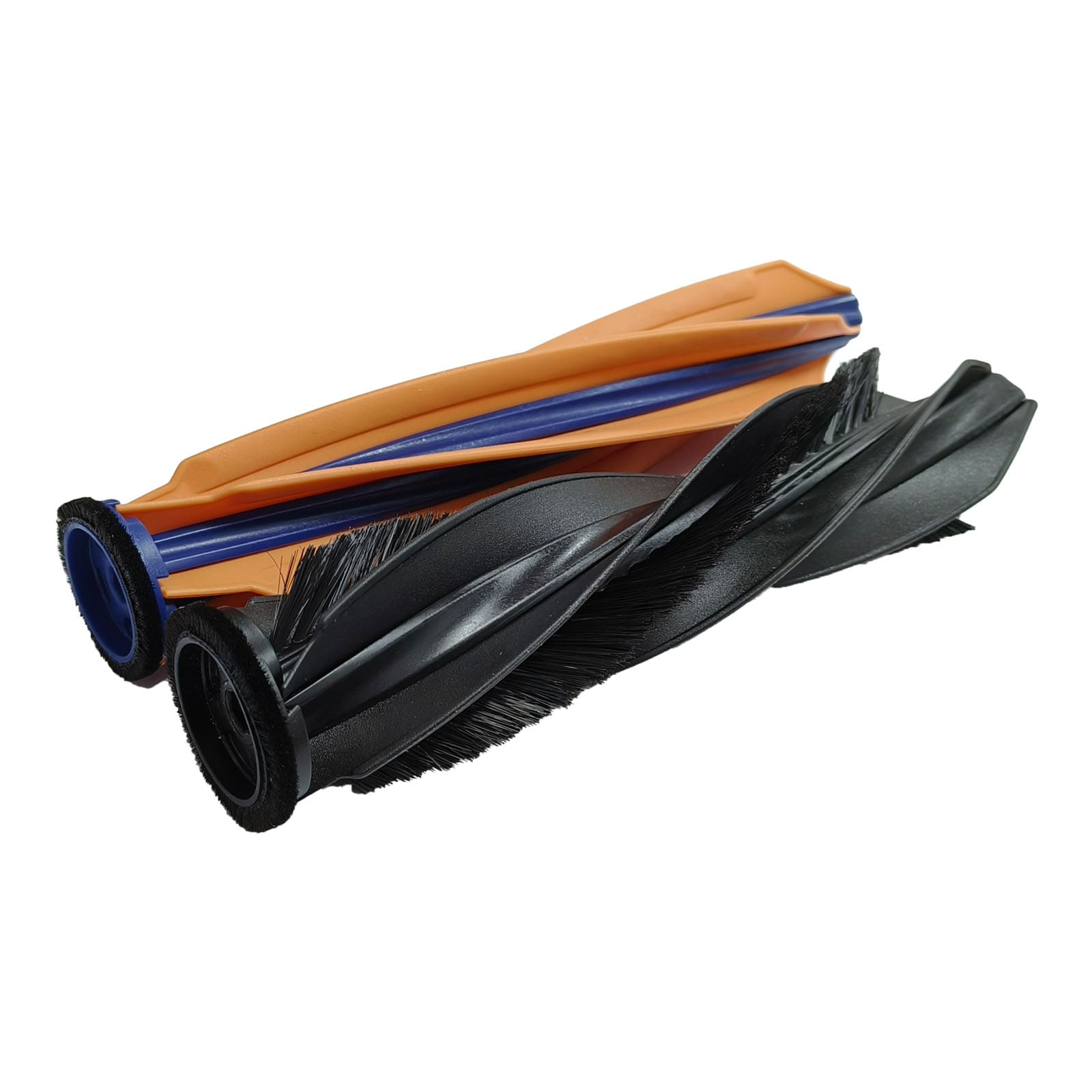 Deux brosses cylindriques d'aspirateur, une orange et bleue, l'autre noire avec des poils en spirale.