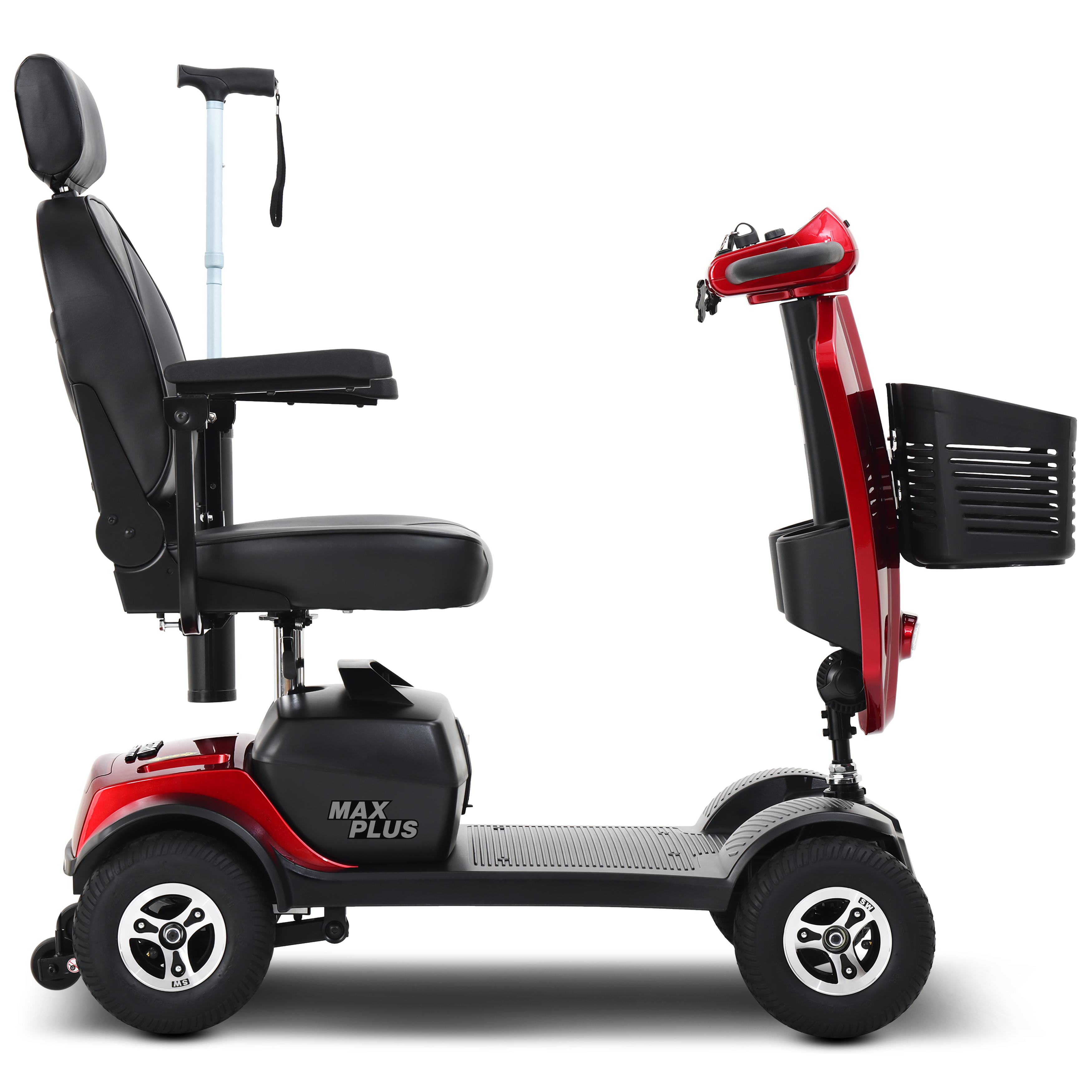 Un scooter de movilidad Max Plus rojo y negro visto de lado sobre fondo blanco.
