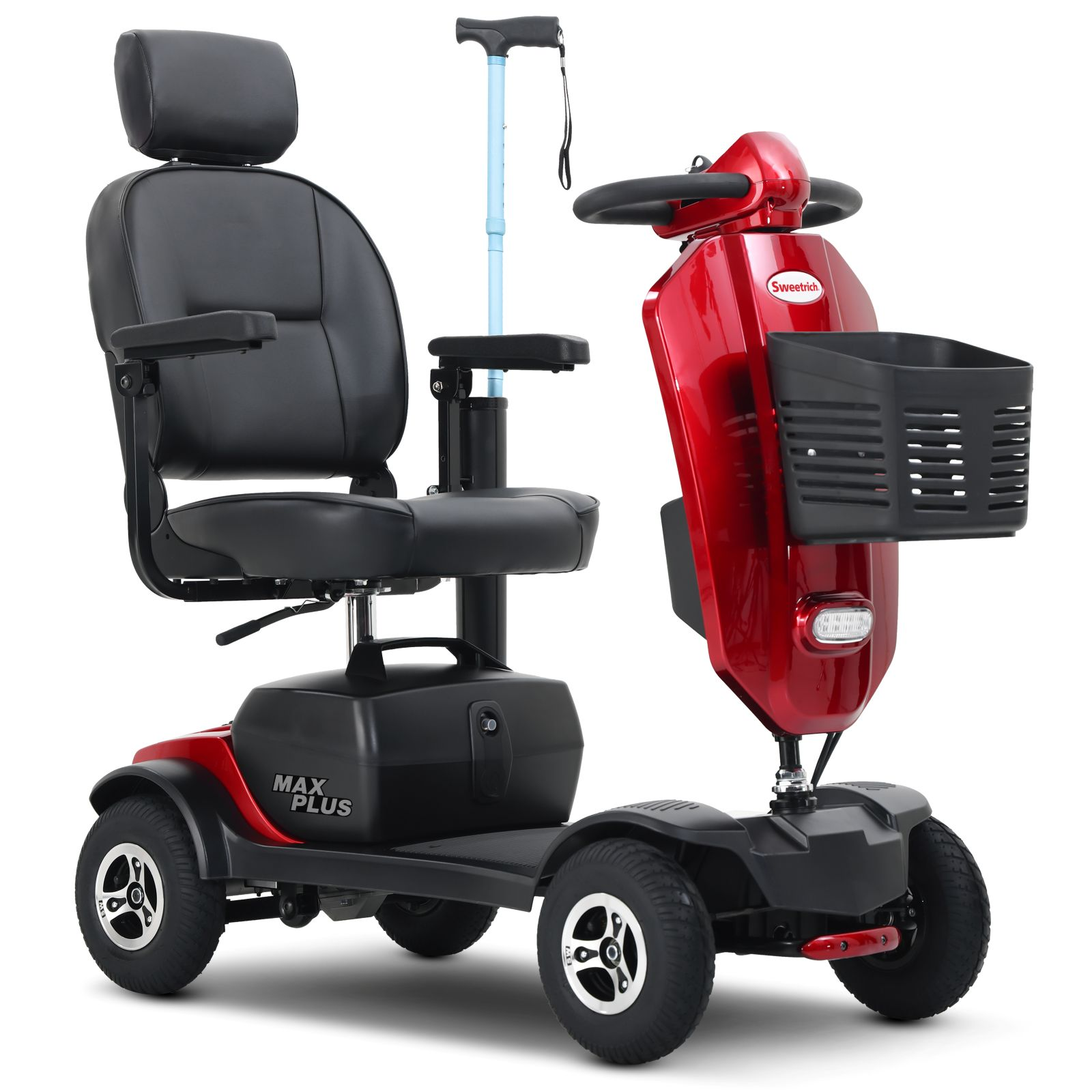 Un scooter de movilidad rojo y negro con cuatro ruedas, asiento acolchado, cesta delantera y soporte para bastón.