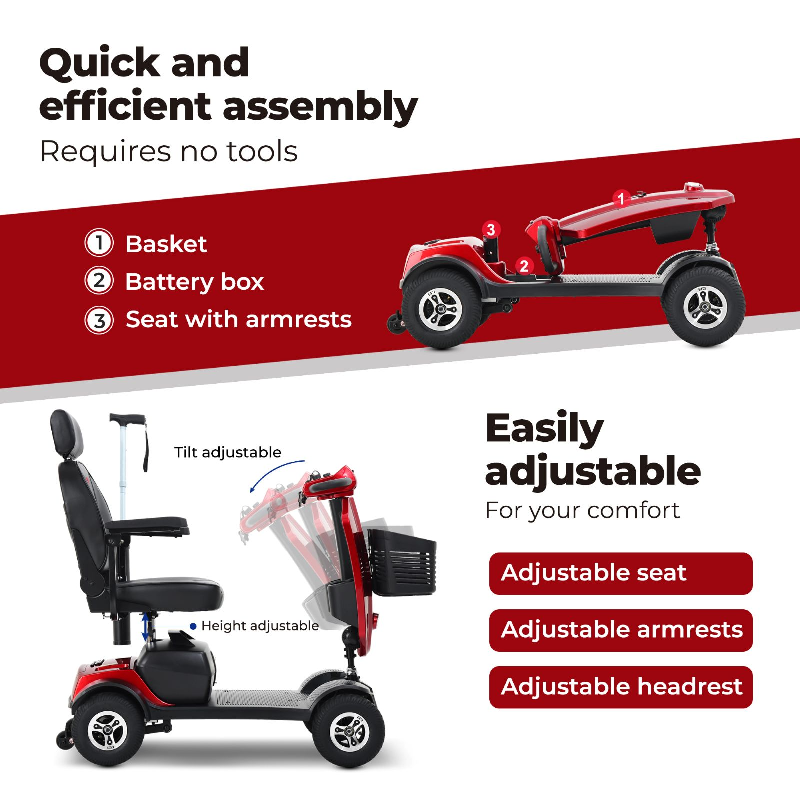 Scooter de movilidad rojo cuenta con montaje sin herramientas, asiento, reposabrazos y reposacabezas ajustables.