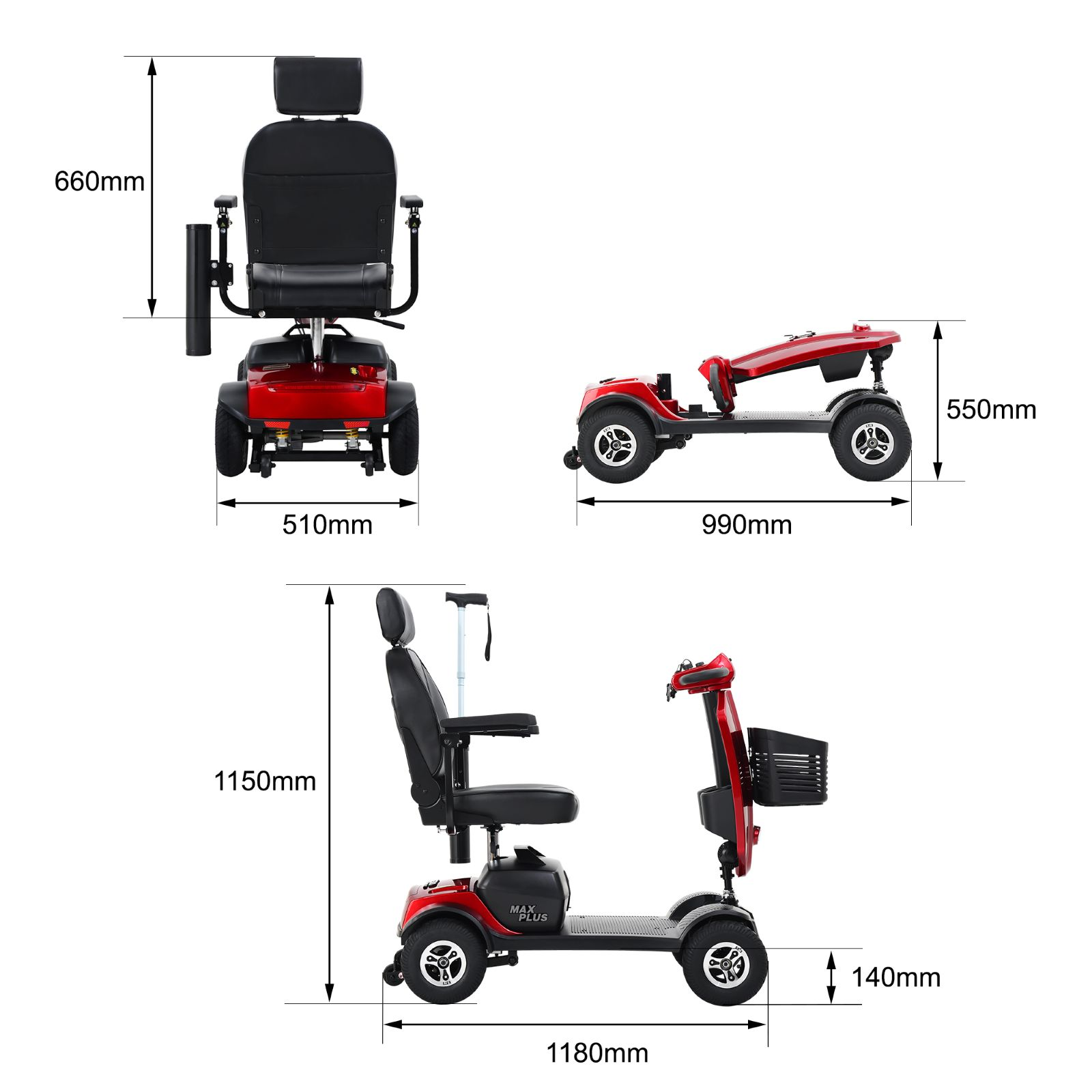 Diagrama que muestra las dimensiones de un scooter de movilidad rojo desde atrás, de lado y plegado.