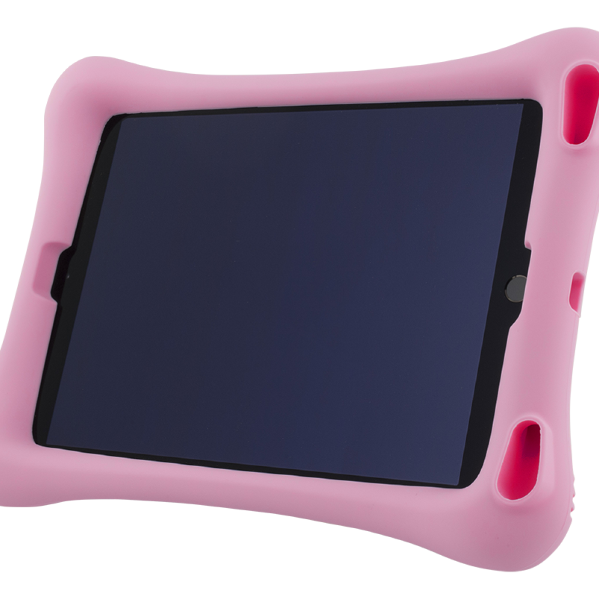 Ein Tablet in einer dicken, rosa Schutzhülle aus Gummi vor schwarzem Hintergrund.