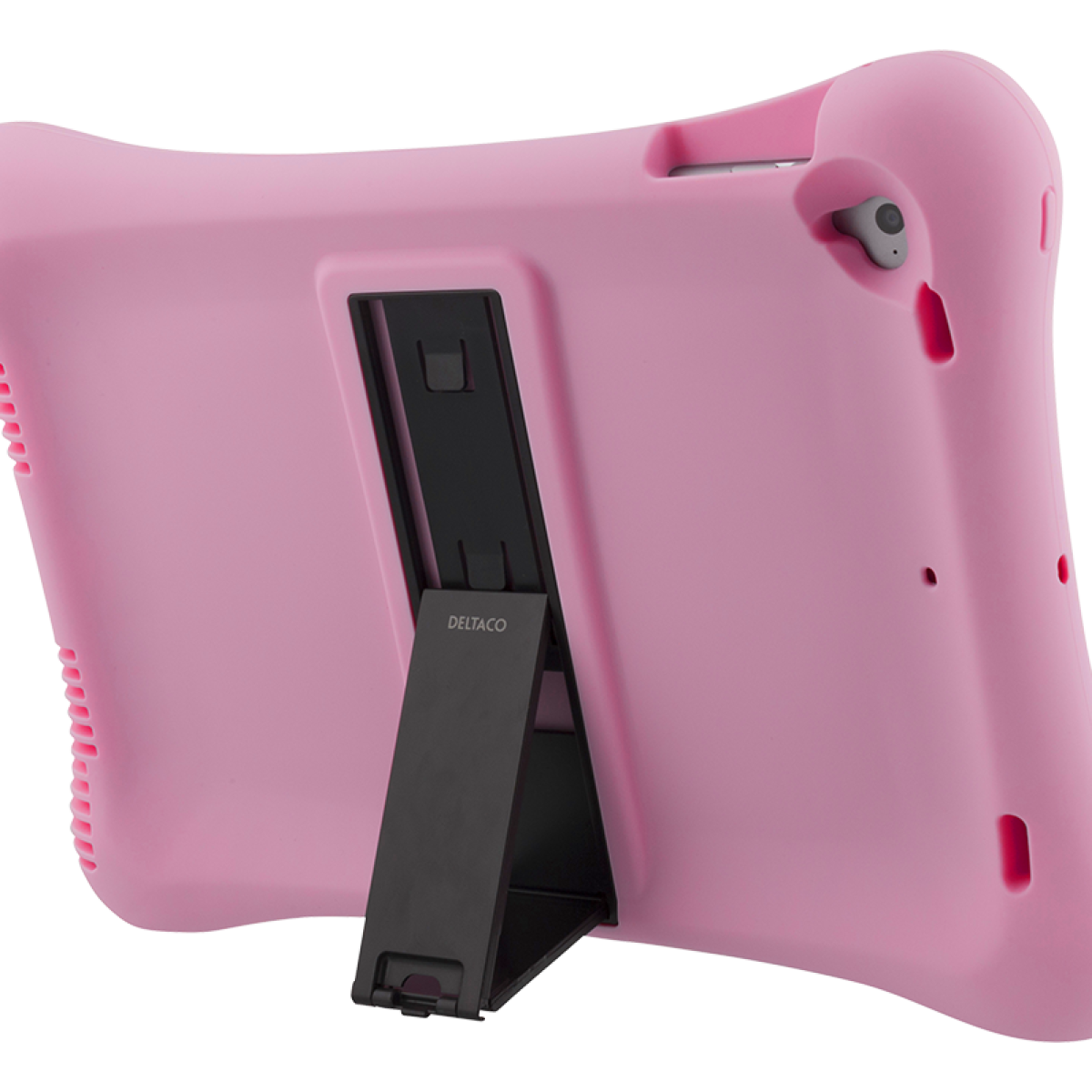 Ein pinkfarbenes Tabletkist mit schwarzem Ständer auf schwarzem Hintergrund.