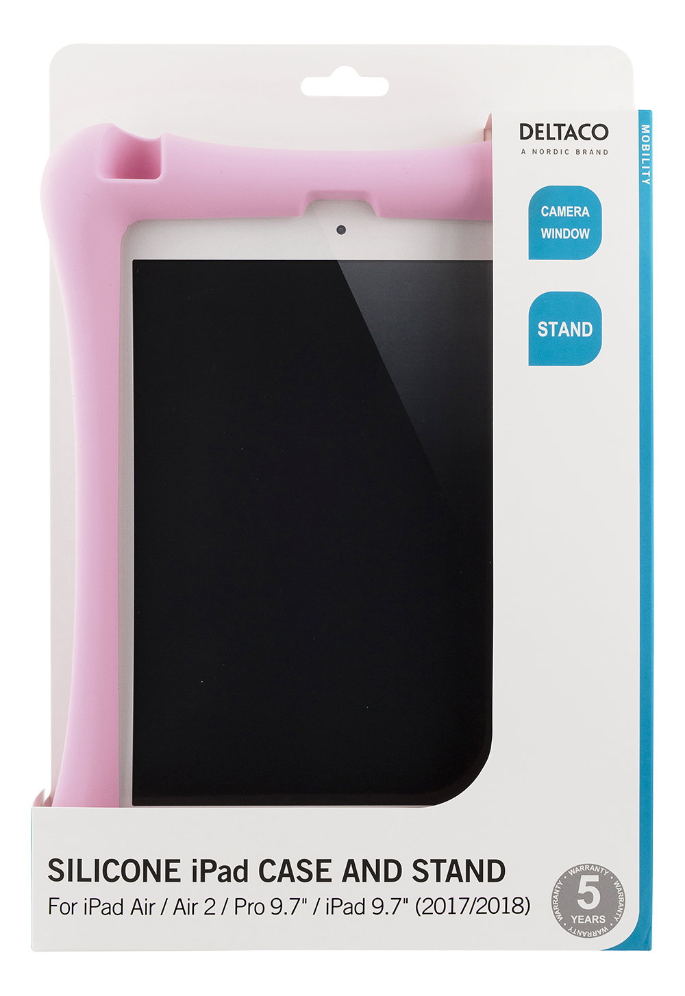Rosa Silikon-iPad-Hülle in weißer Produktverpackung mit der Aufschrift Deltaco Mobility.