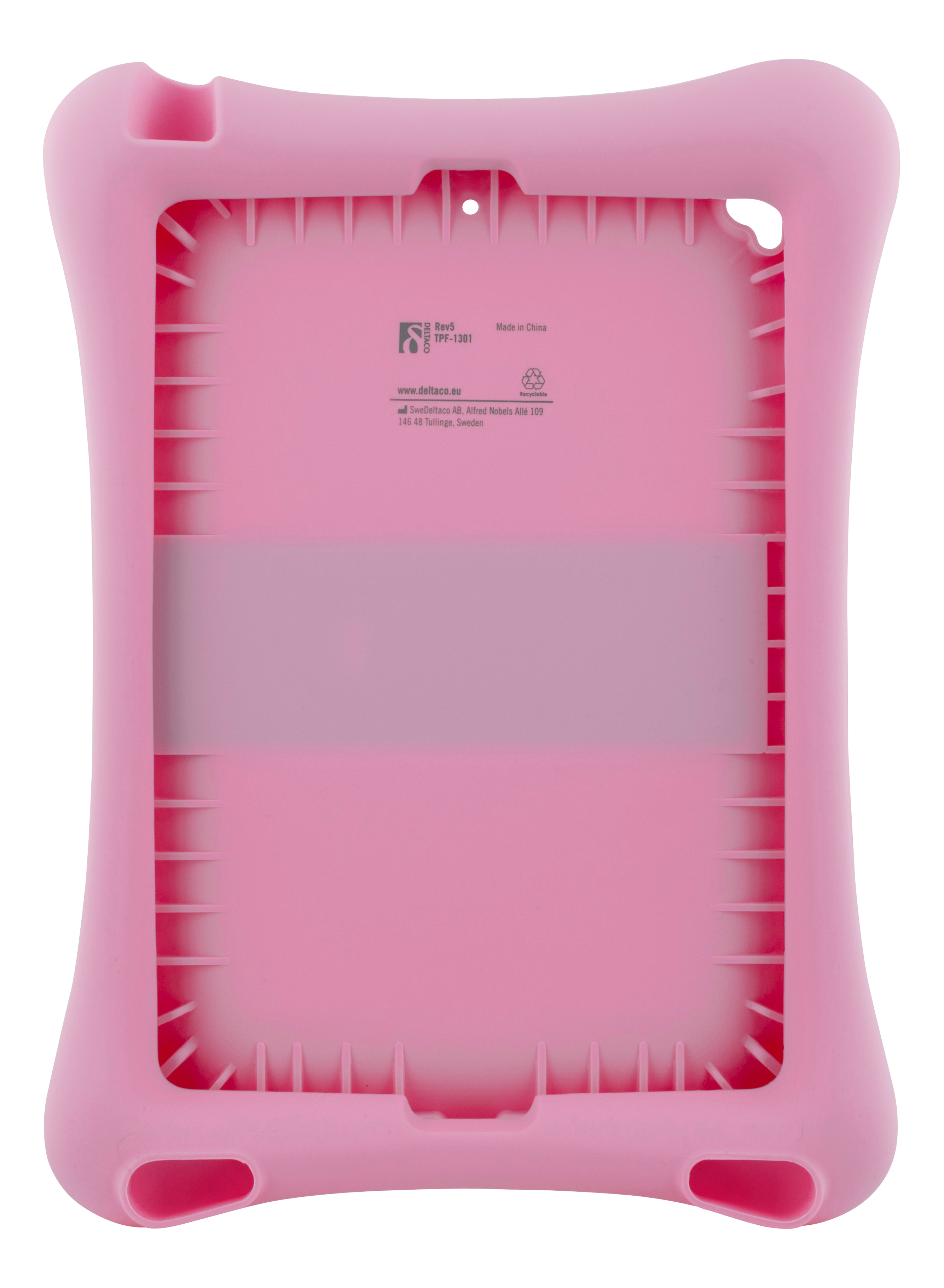Eine rosa Silikon-Tablethülle mit abgerundeten Ecken und Text auf der Innenseite.