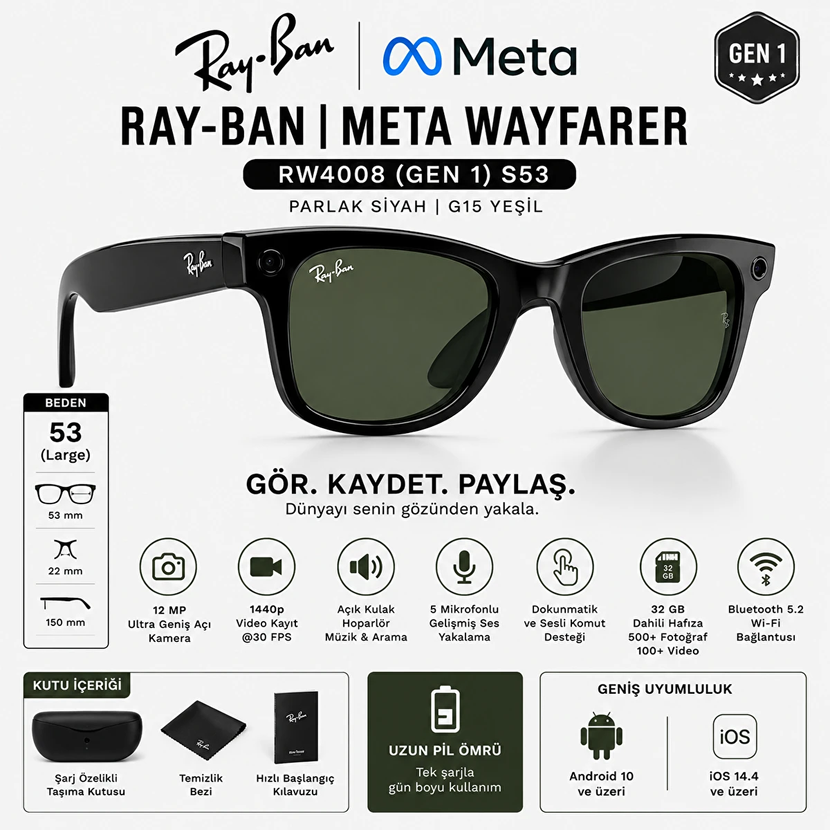 Siyah çerçeveli, yeşil lensli Ray-Ban Meta Wayfarer Gen 1 akıllı gözlük ve özellik ikonları.
