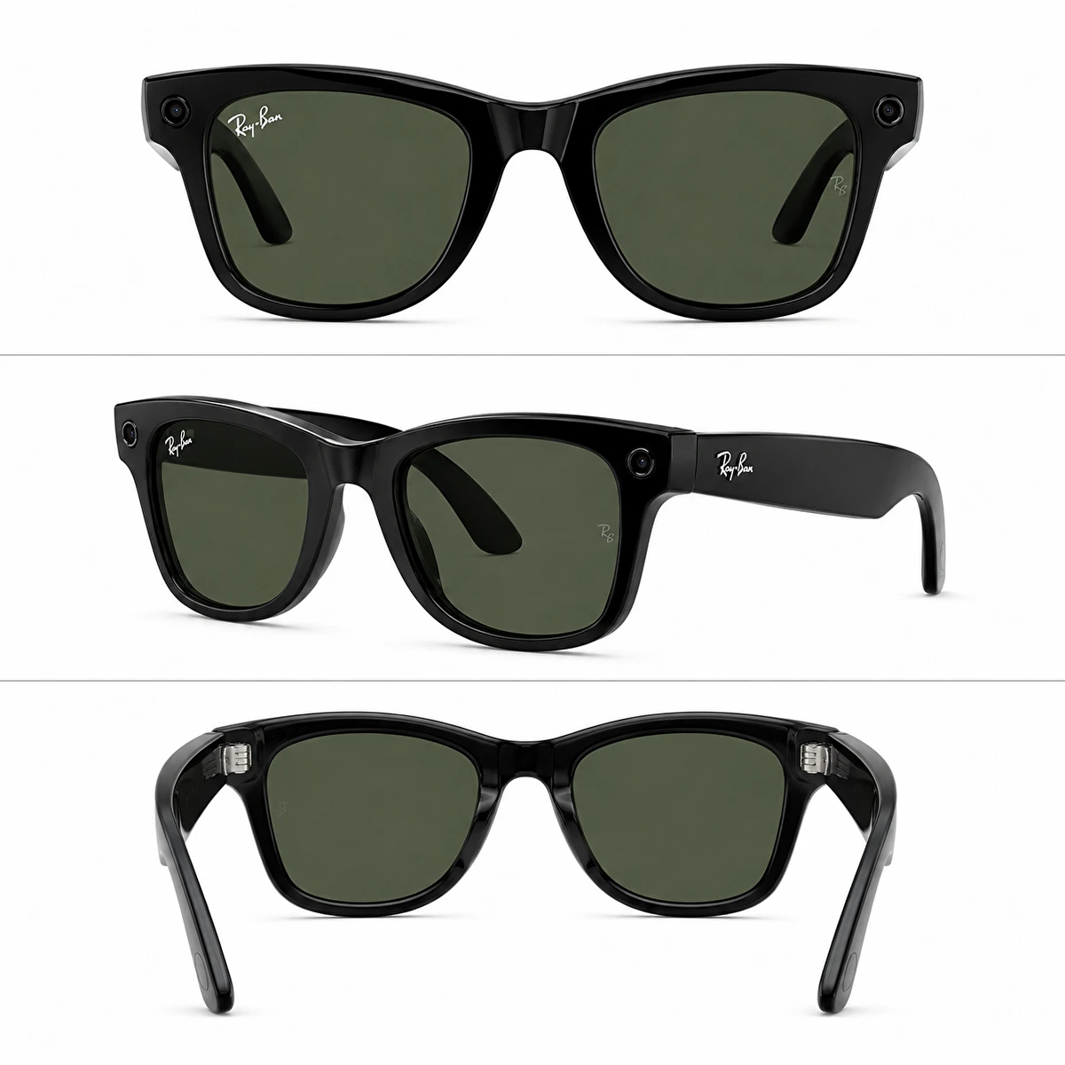 Beyaz arkaplanda önden, açıdan ve arkadan görünen koyu lensli siyah Ray-Ban akıllı güneş gözlüğü.